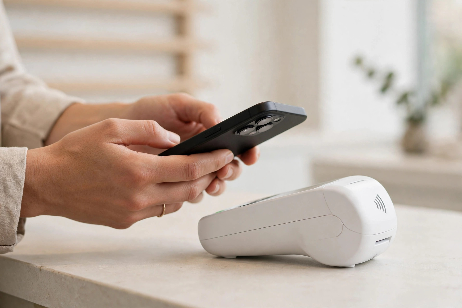 A shopper holding a smartphone over a white payment terminal to complete a contactless payment.