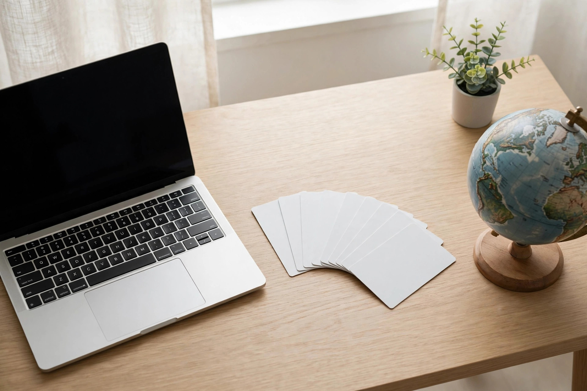 Laptop with a fan of blank cards and a desktop globe on a wooden desk in soft daylight.
