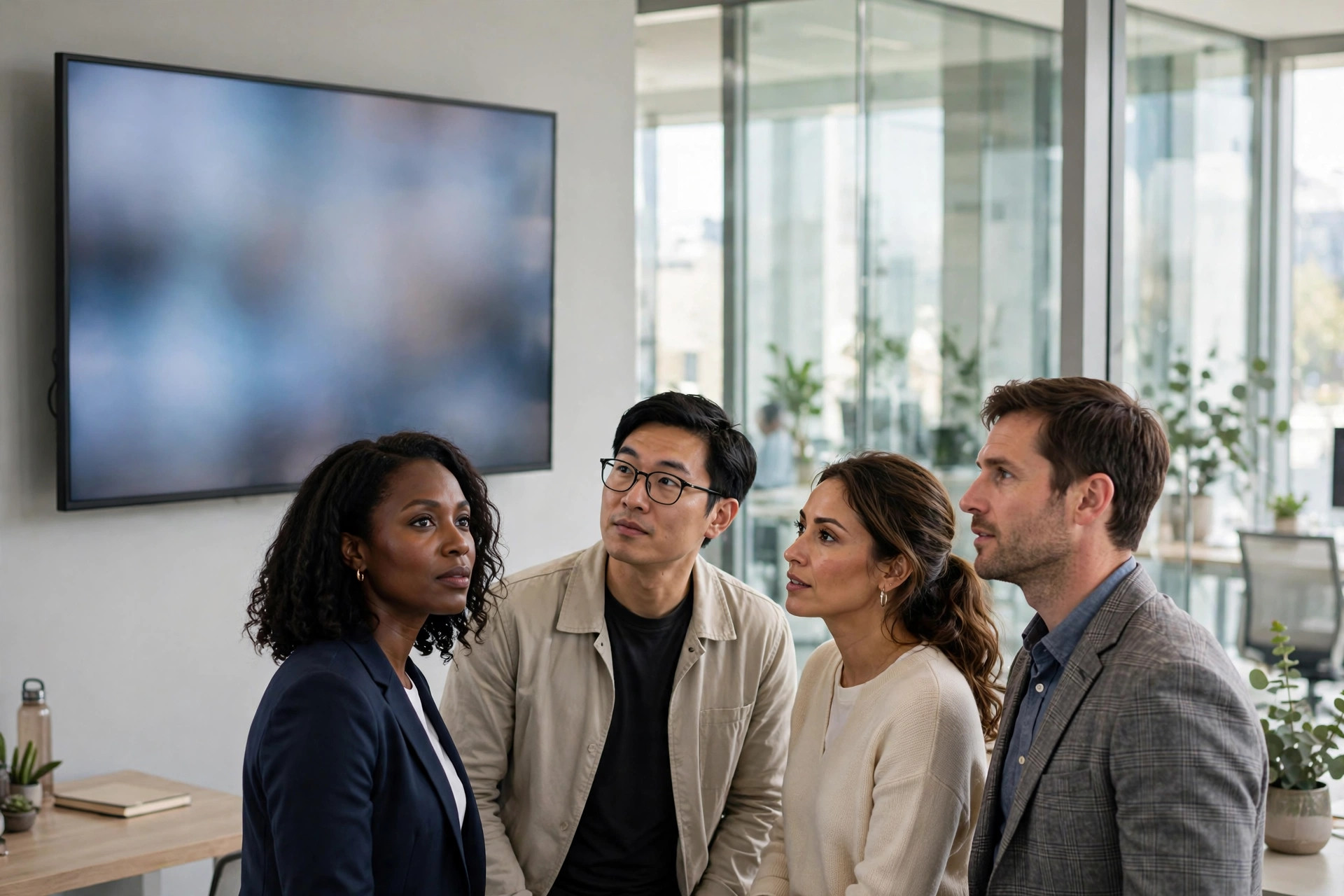 Team reviewing content on a large office monitor