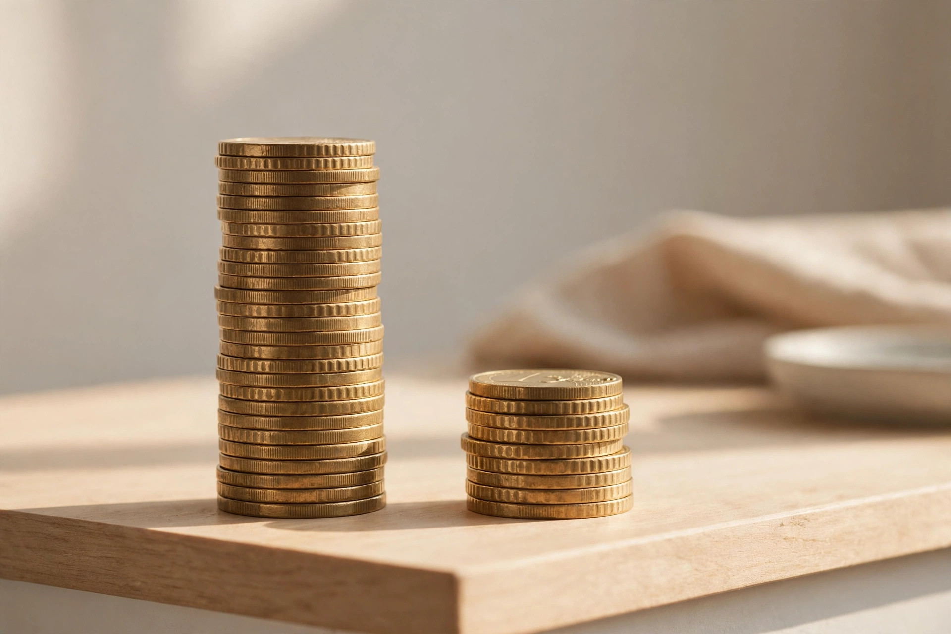 Two stacks of coins of different heights on a shop counter