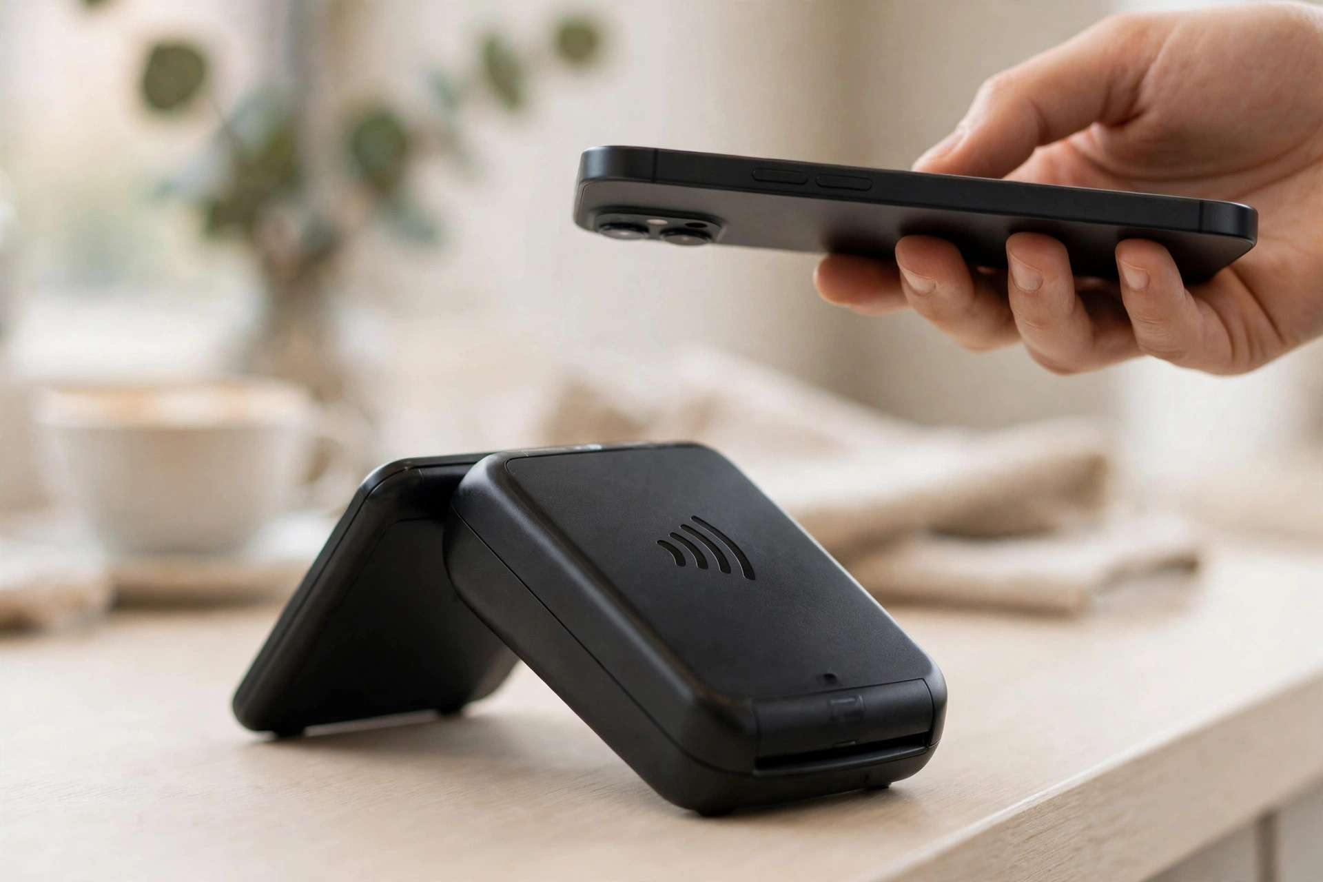 Hand holding a smartphone above a contactless payment terminal