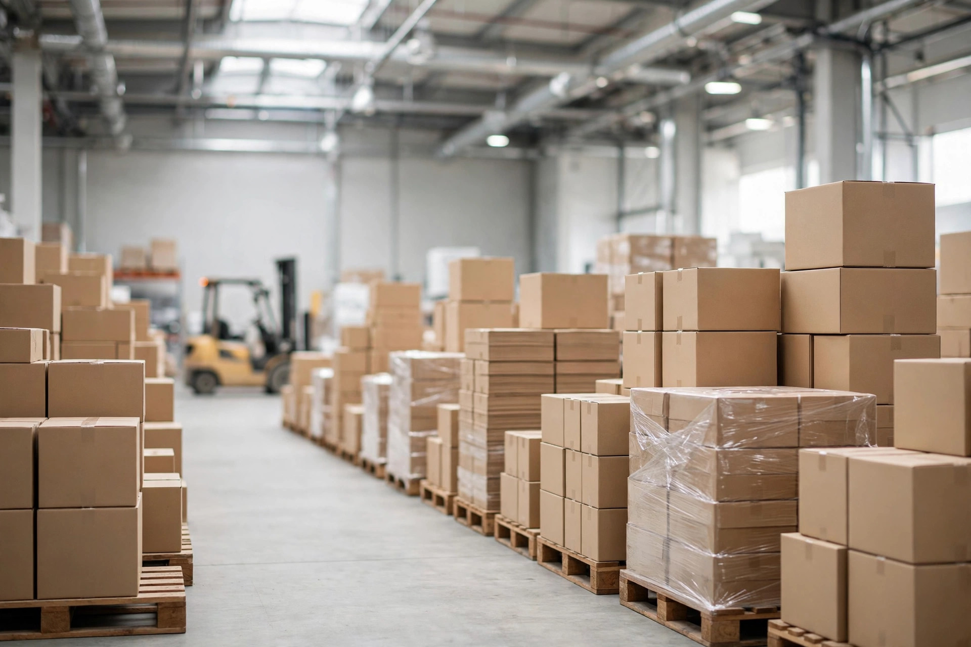 Warehouse aisle with stacked boxes and pallets, forklift in the background