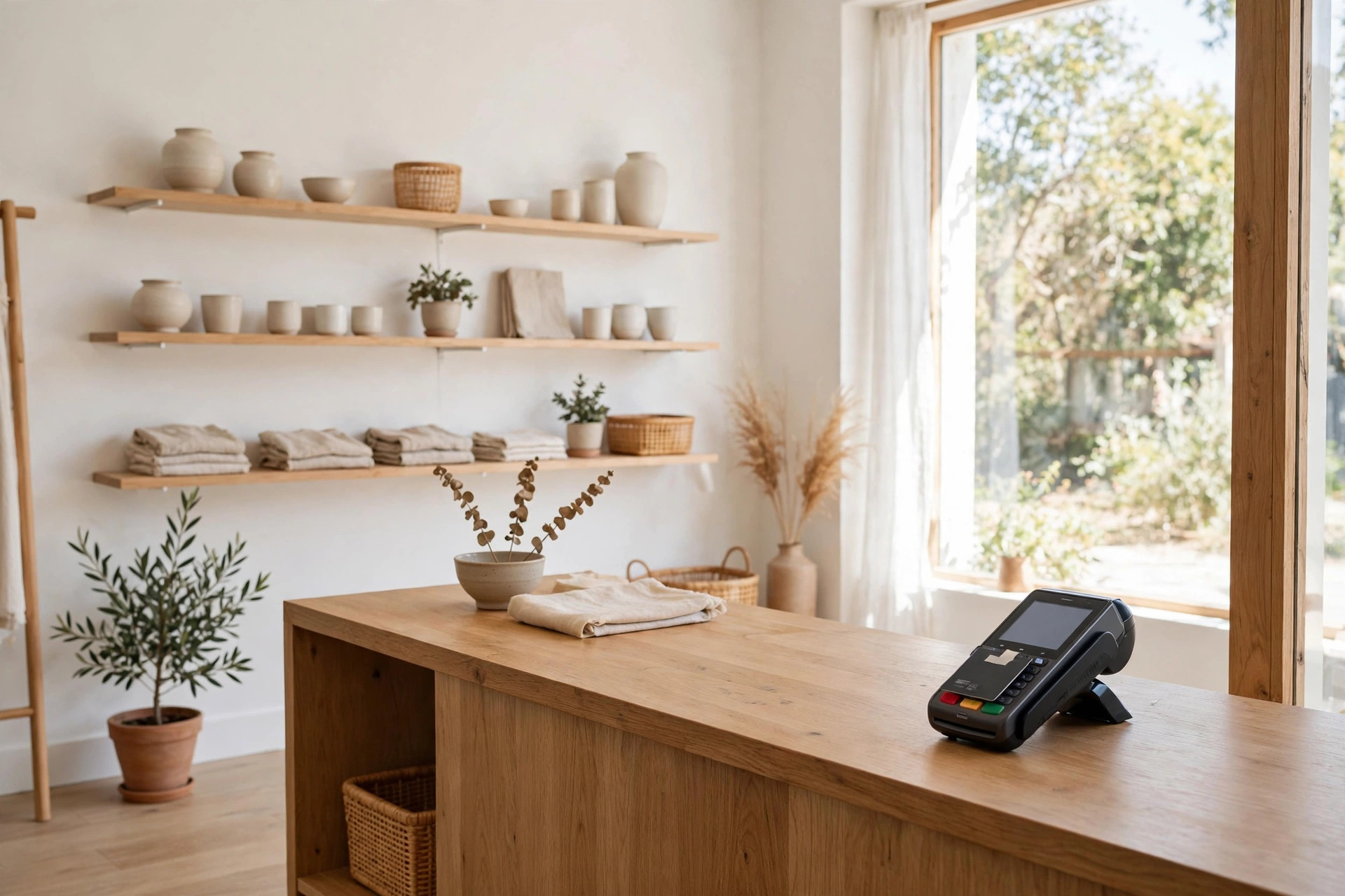 A bright boutique shop interior with a wooden checkout counter and payment terminal.