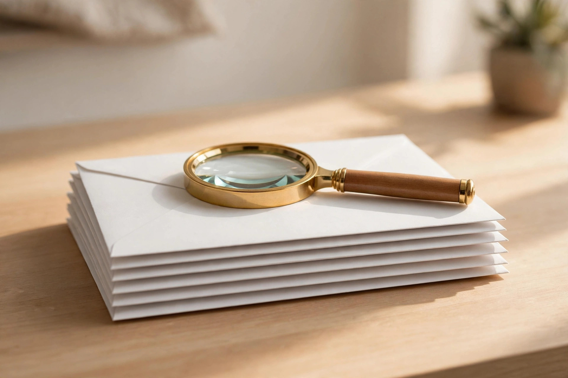 Magnifying glass resting on a stack of blank white envelopes