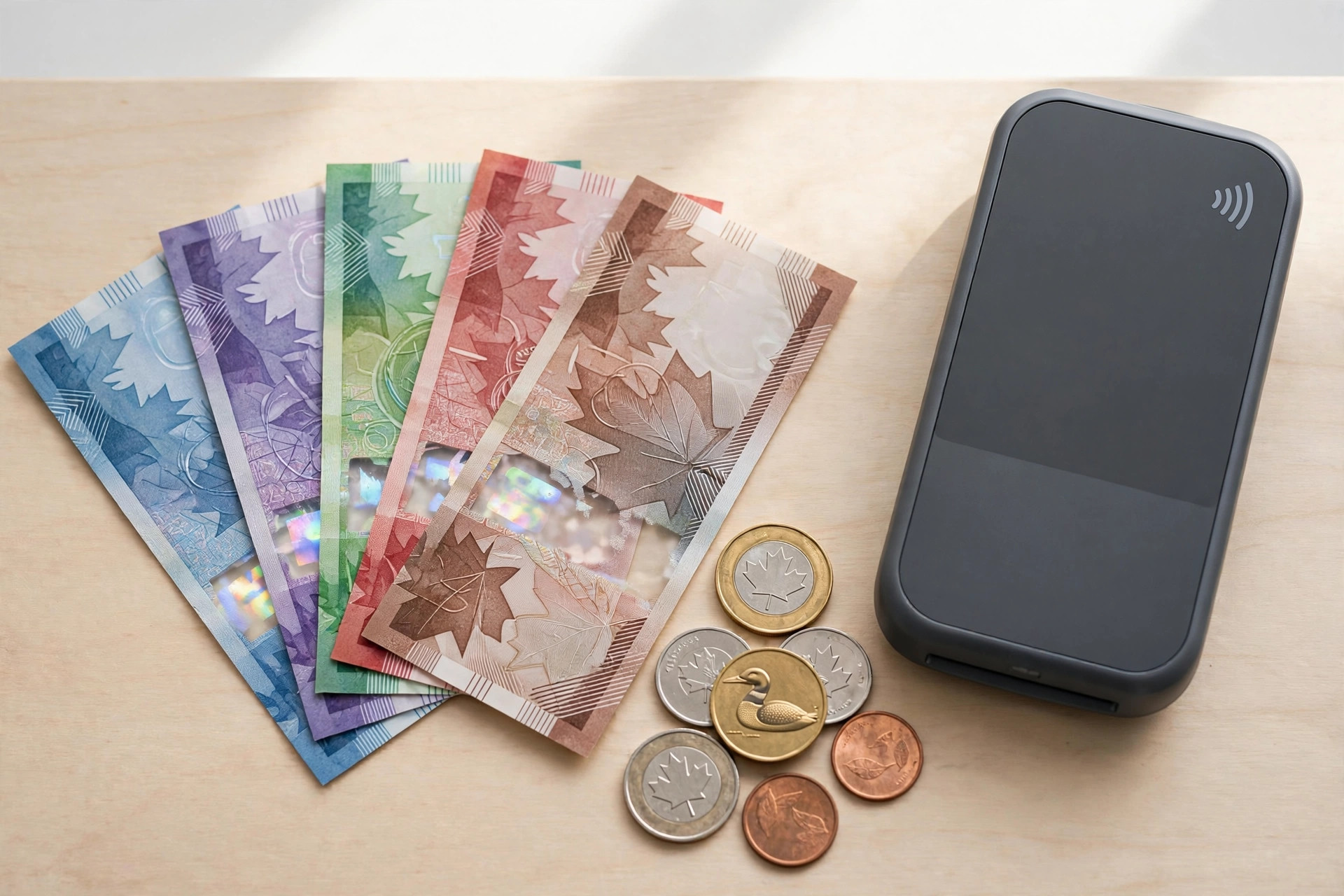 Canadian paper bills and coins fanned beside a card payment terminal on a counter