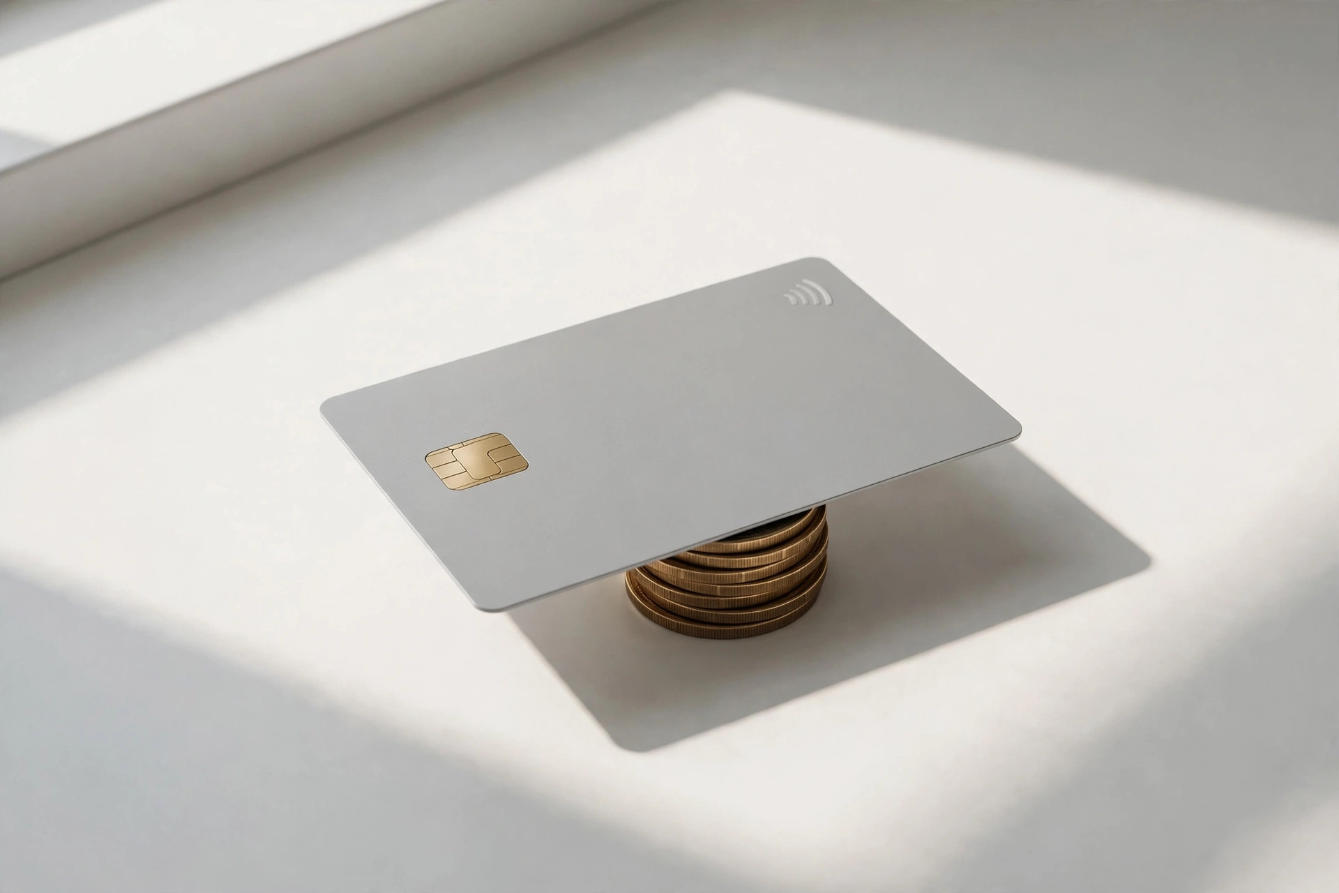 A chip credit card balanced on a stack of coins in bright daylight