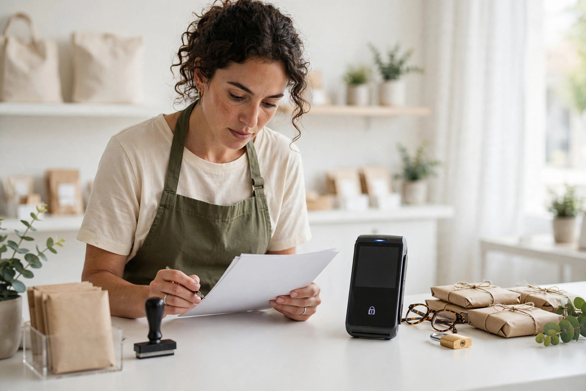 A small business owner reviewing order paperwork beside a payment terminal