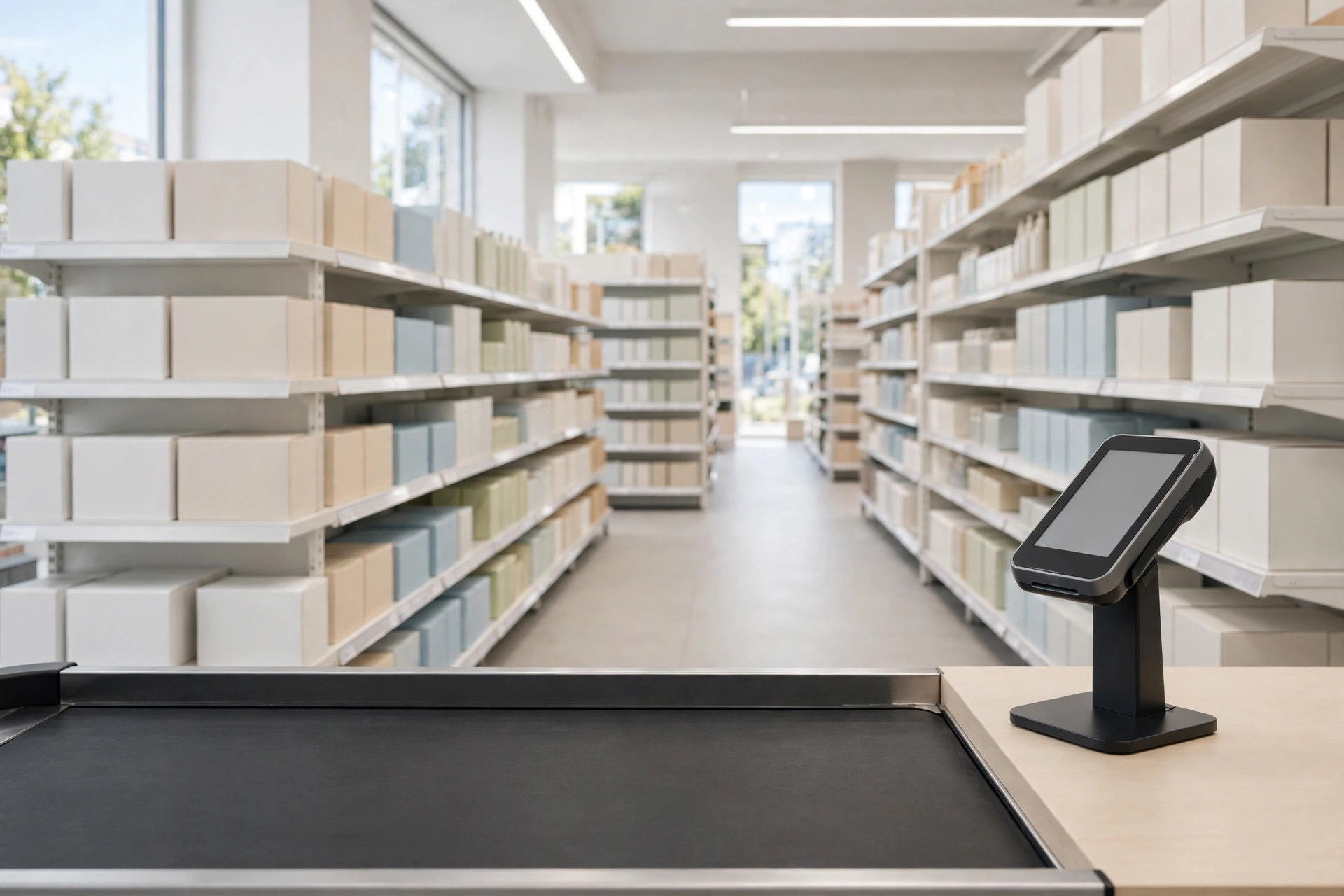 An empty retail checkout lane with a conveyor belt and payment terminal.