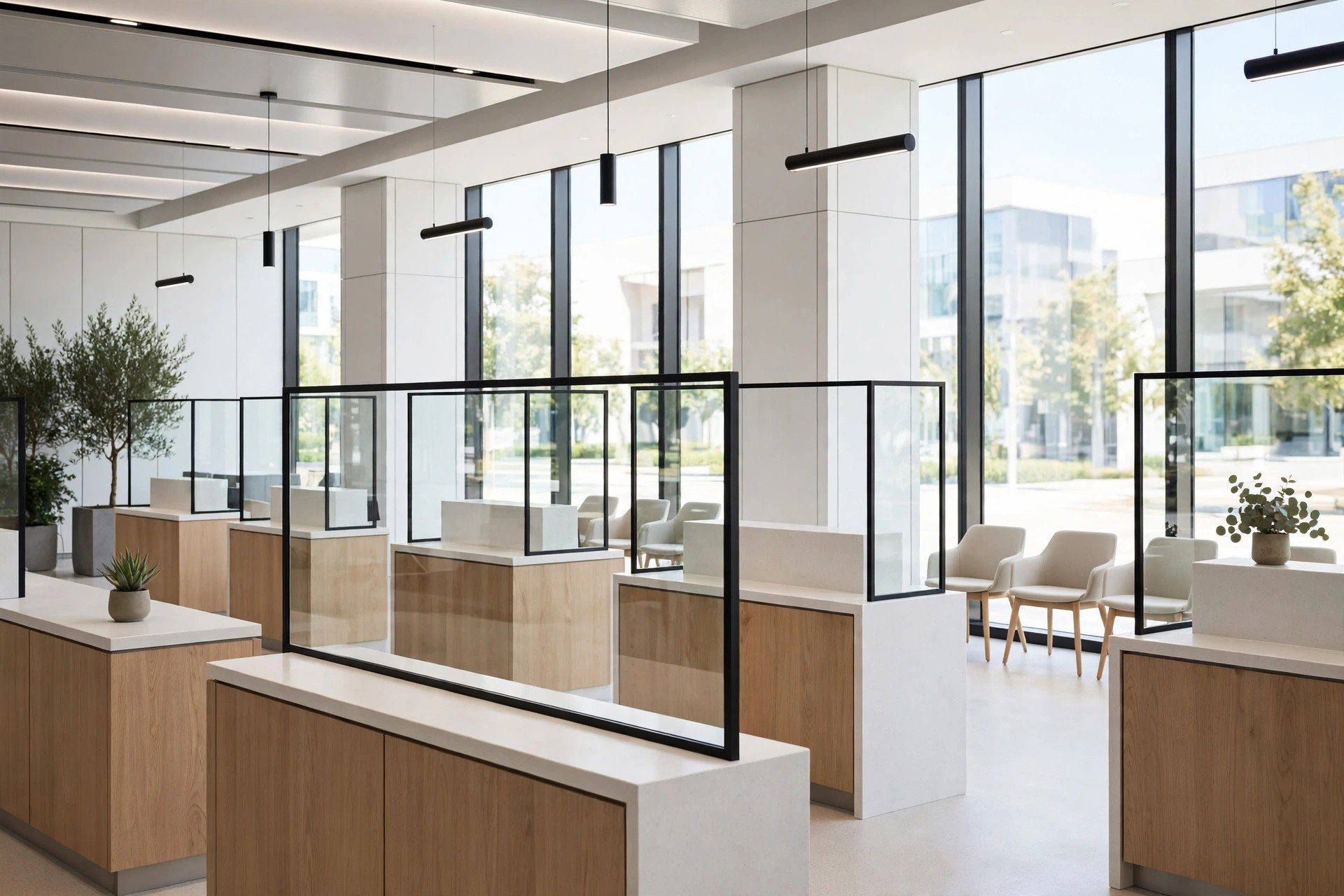 A modern bank branch interior with clean service counters and tall windows, no people.