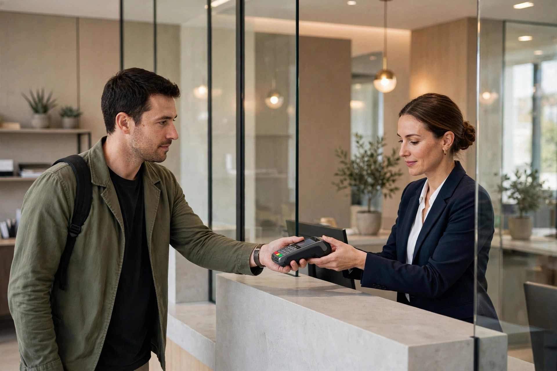 Business owner receiving a payment terminal from a bank employee across a modern bank counter