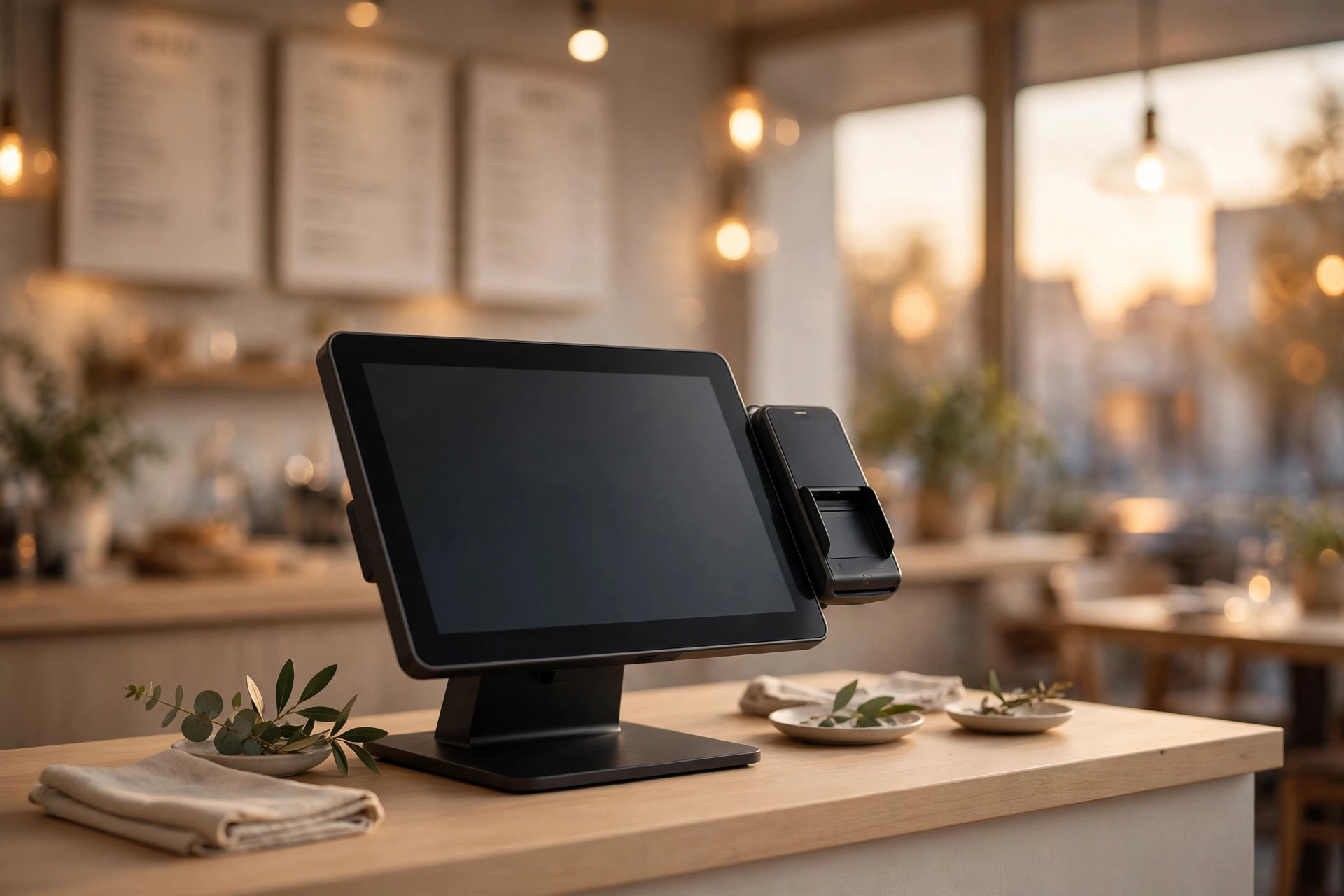 Touchscreen point-of-sale terminal with card reader on a restaurant counter at sunset