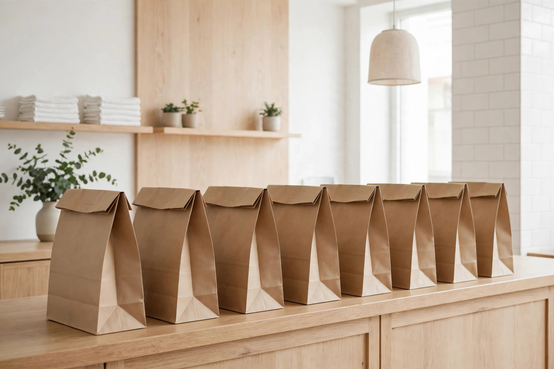Takeout orders lined up on a pickup counter