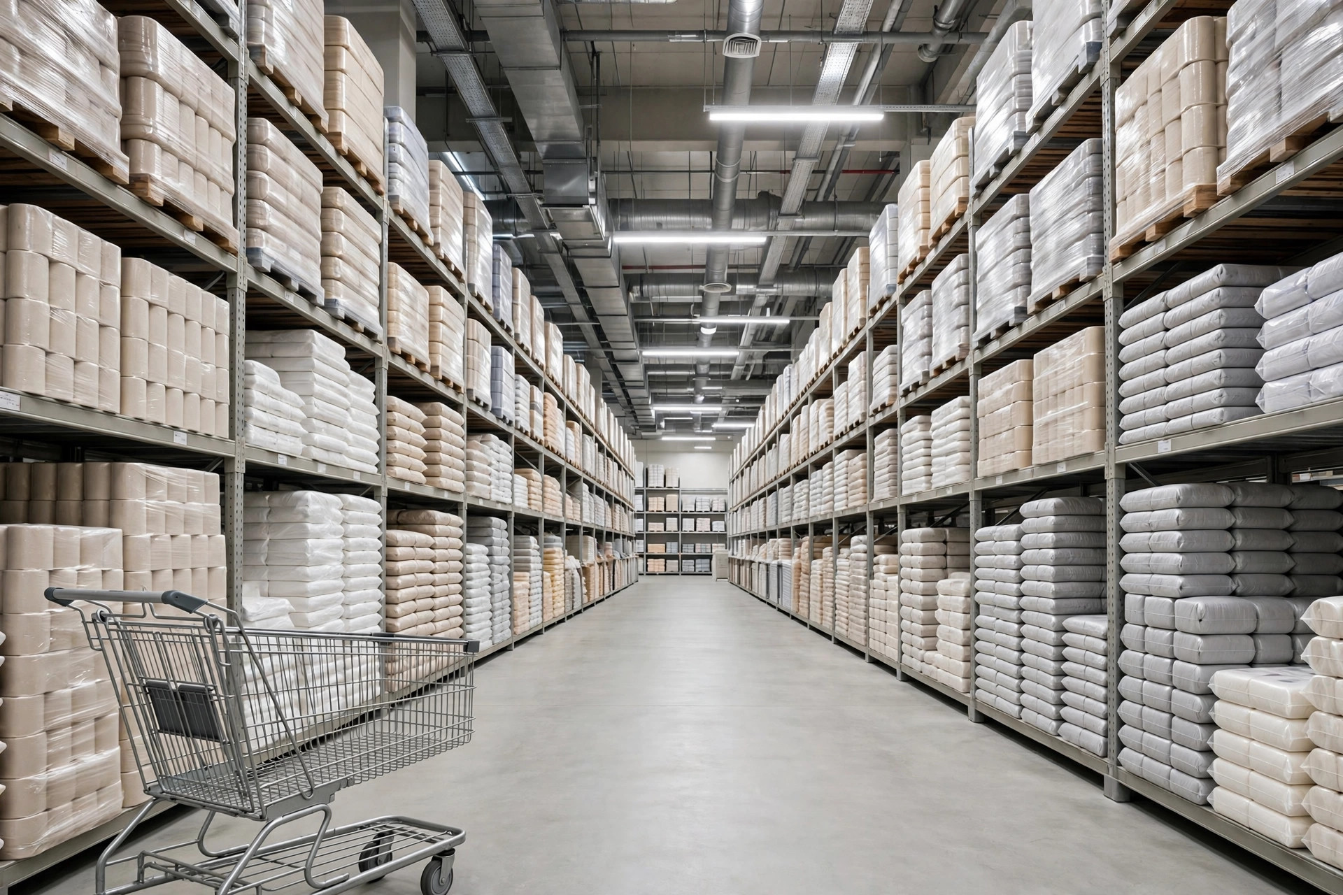 Shopping cart in a wide warehouse aisle lined with tall shelves of bulk goods