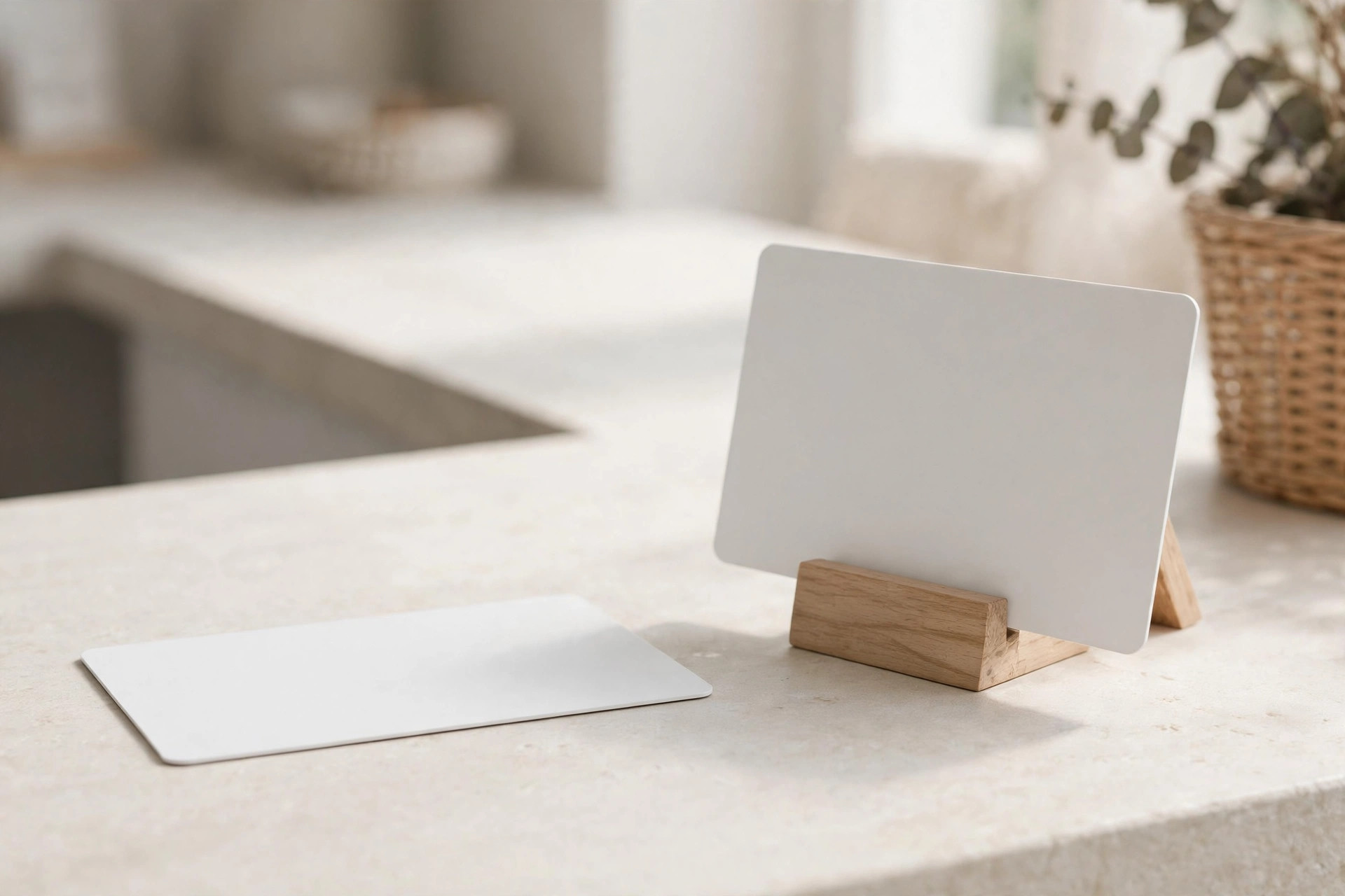 Two blank bank cards on a shop counter, one flat and one upright on a wooden stand