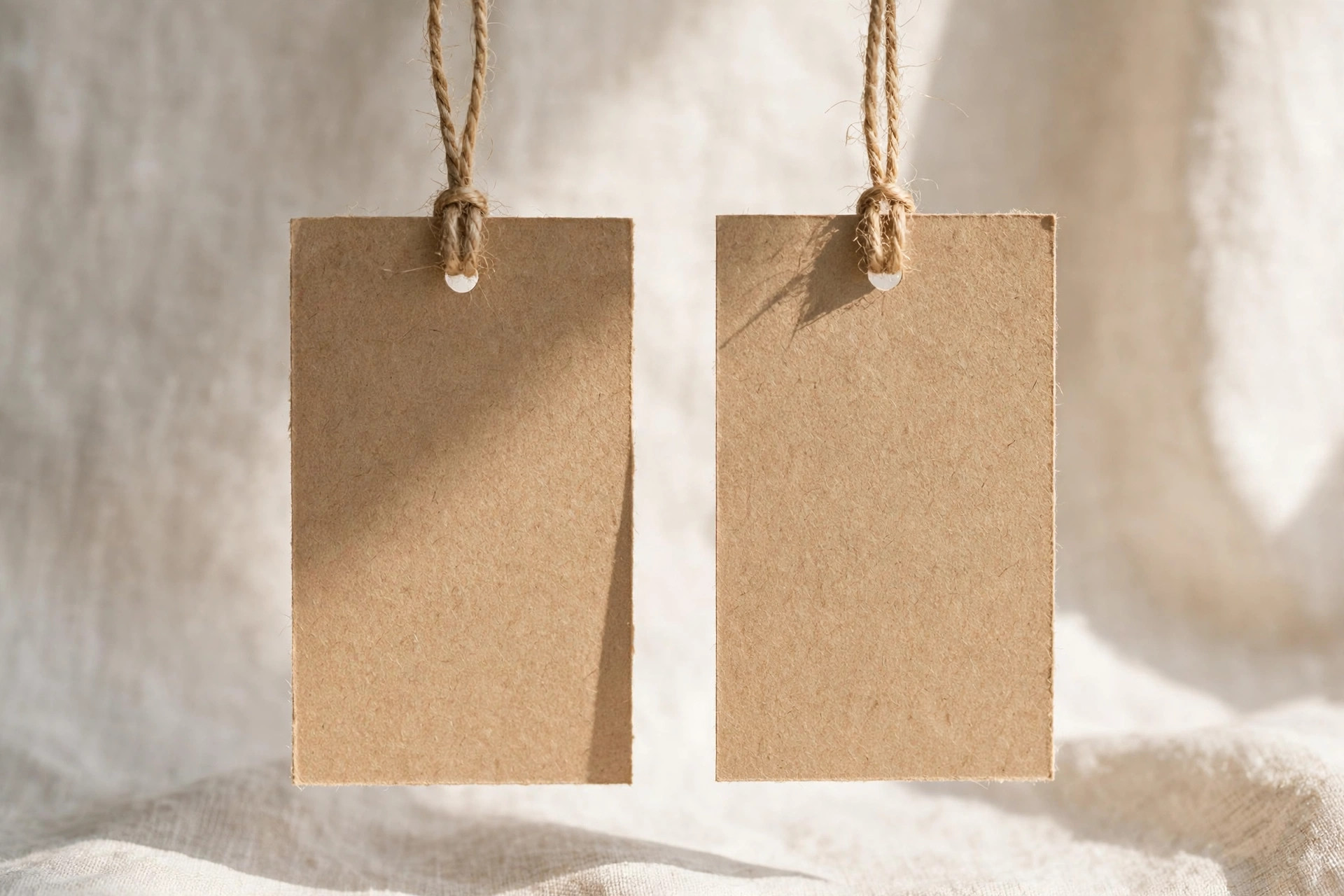 Two blank kraft paper price tags hanging side by side from twine