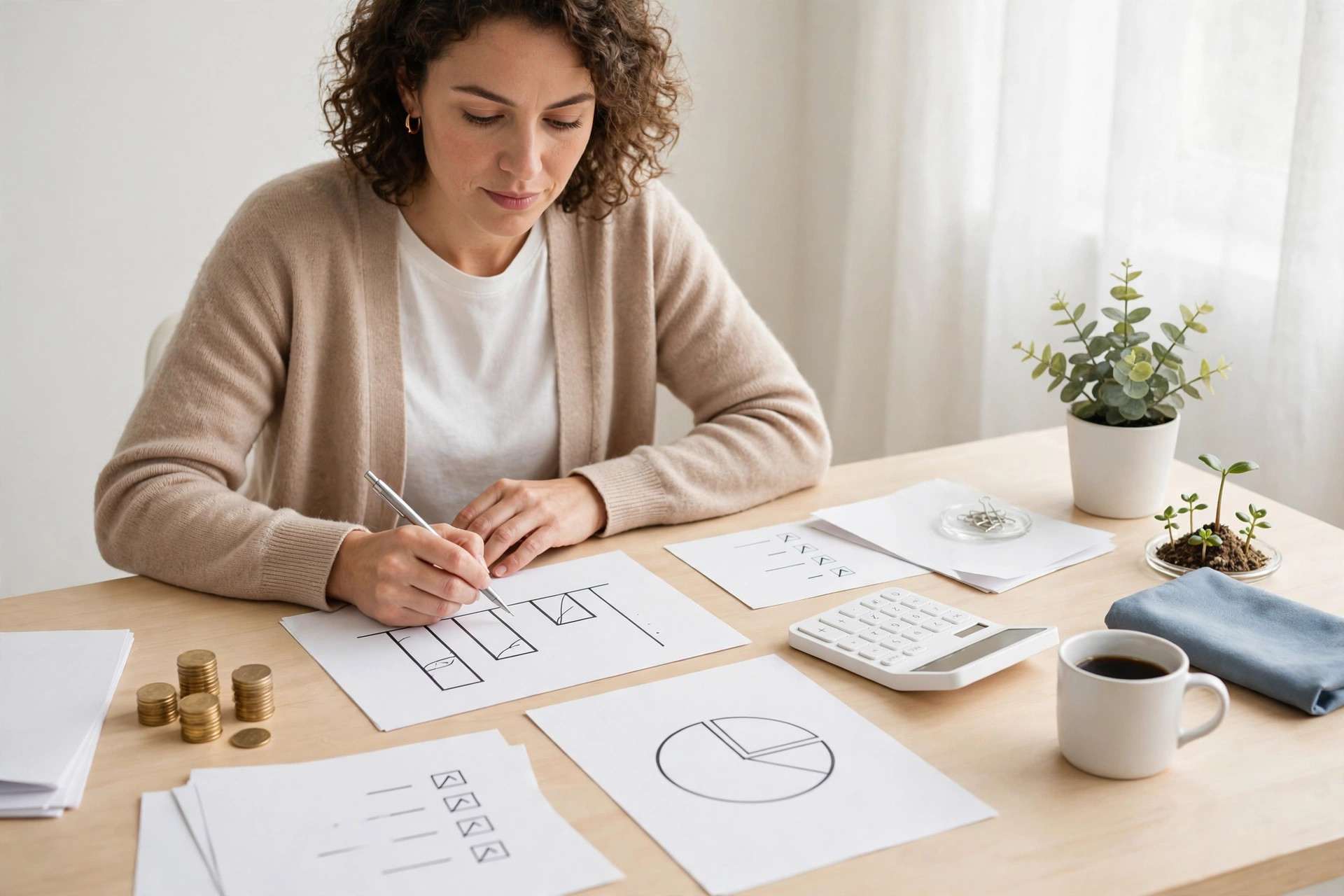 A business owner reviewing hand-drawn charts with a calculator and coins