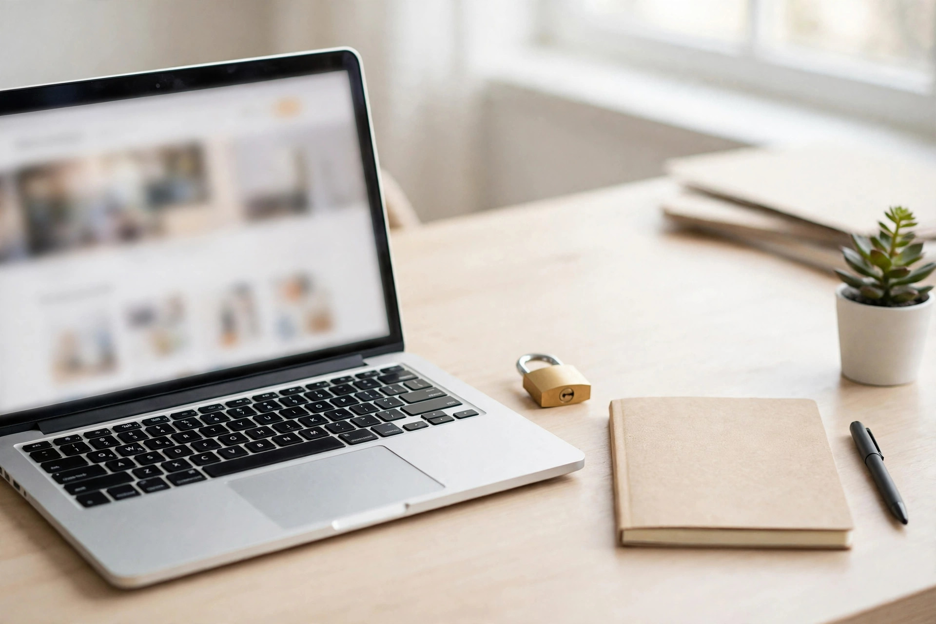 A laptop showing an online store beside a notebook and a padlock