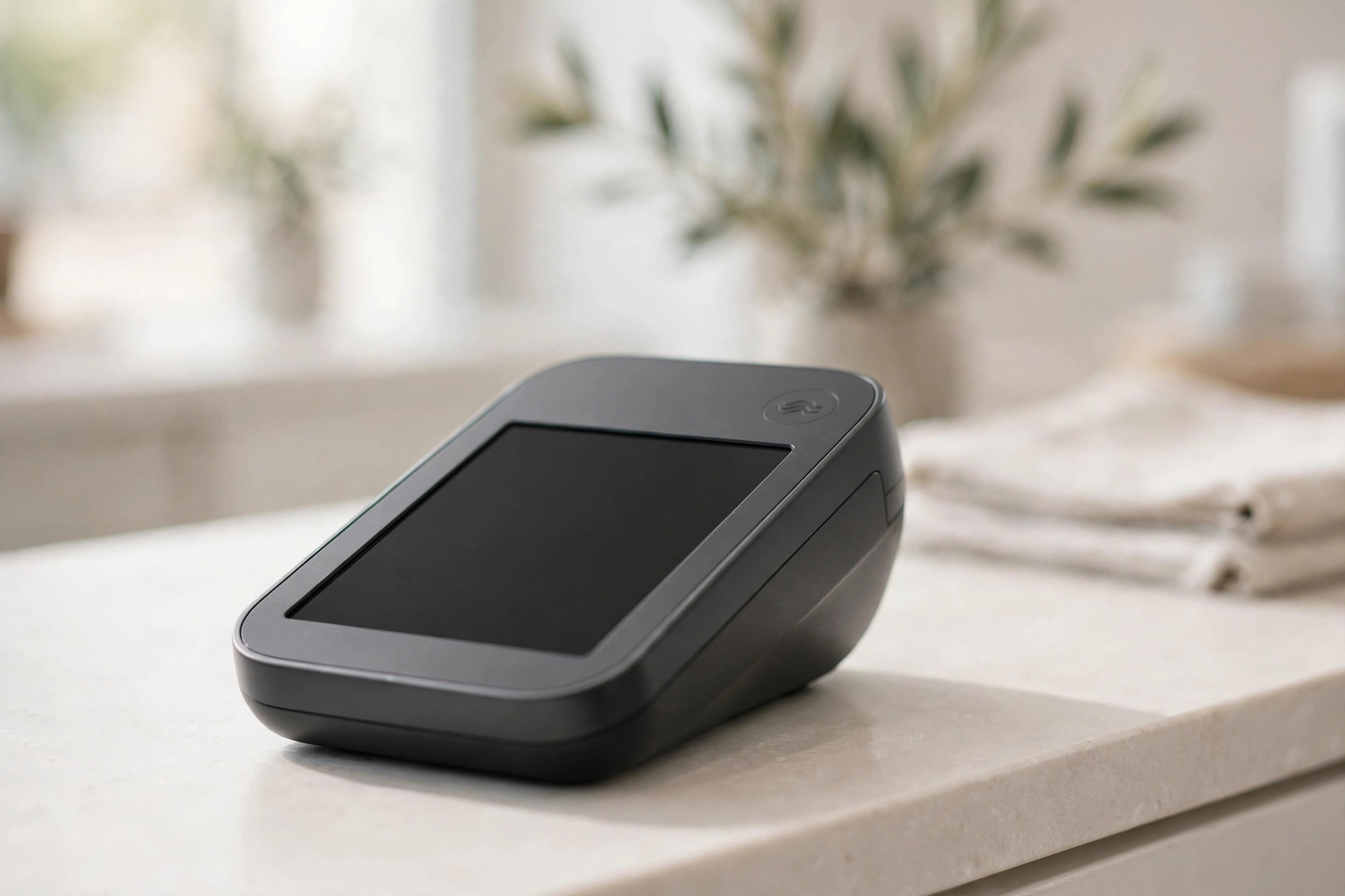 Payment terminal with a blank screen on a bright retail counter