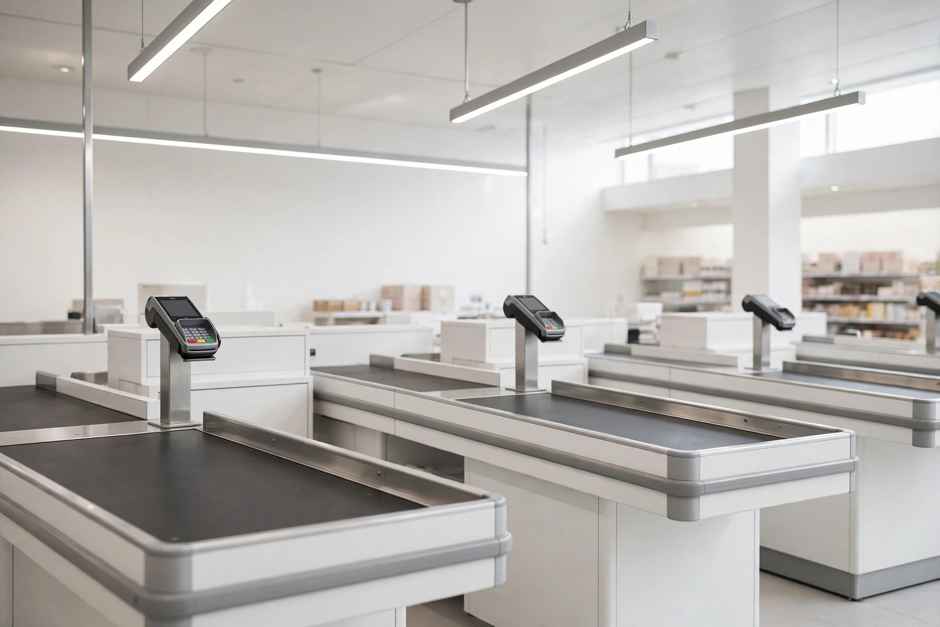 Empty supermarket checkout lanes with conveyor belts and payment terminals.