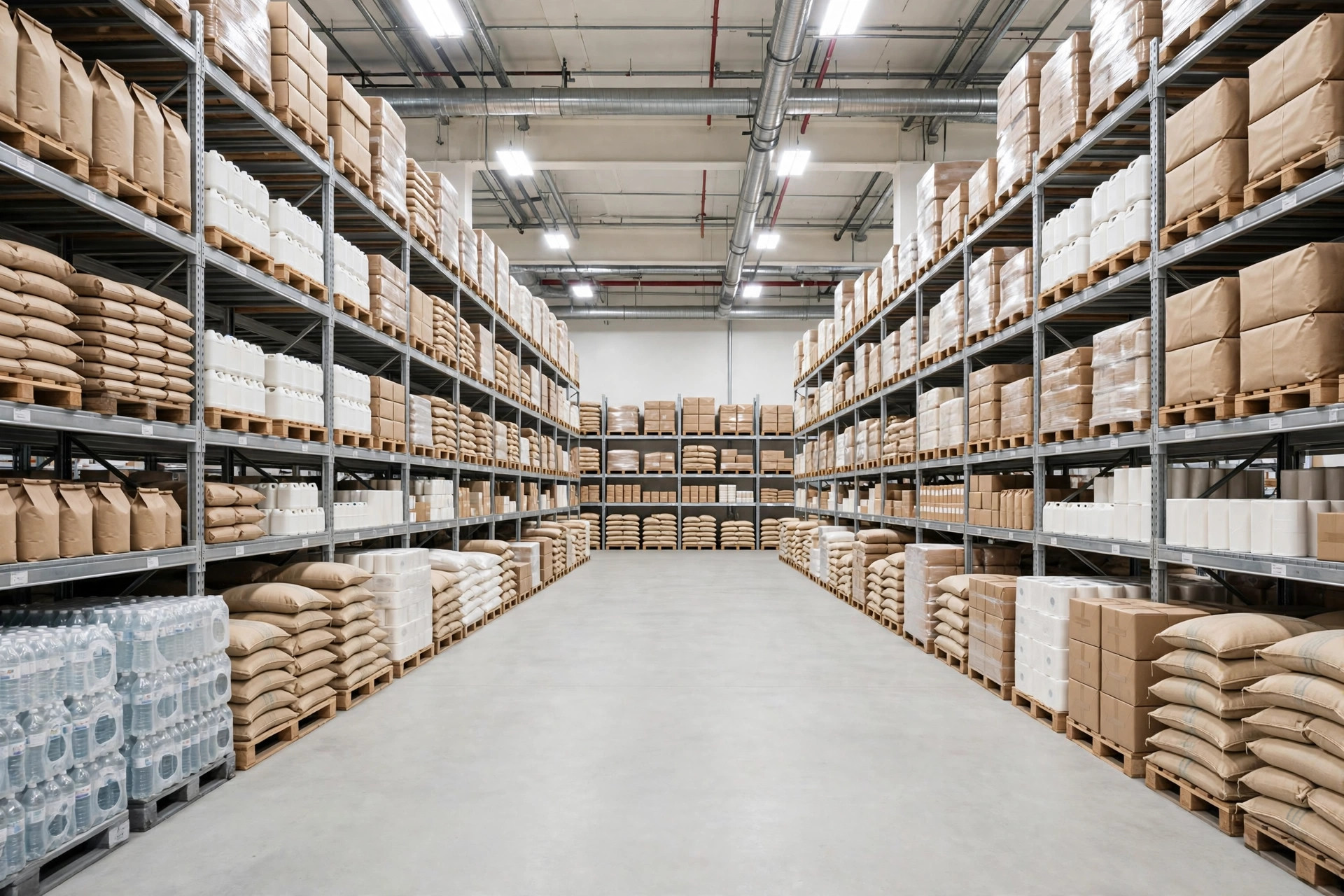 A wide warehouse aisle lined with shelves of bulk goods under bright lighting.
