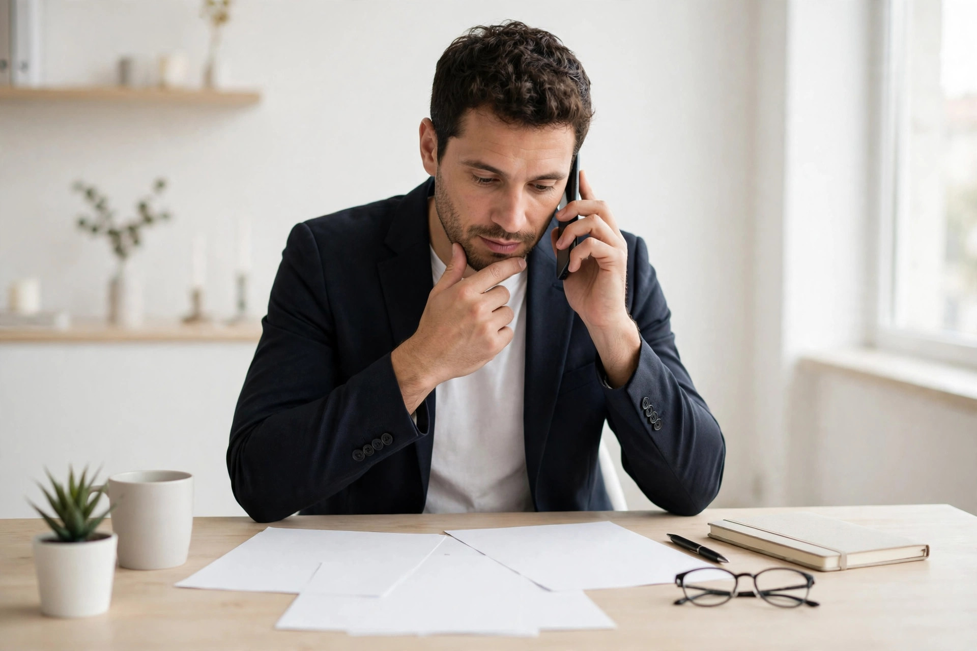 Business owner on a phone call reviewing paperwork