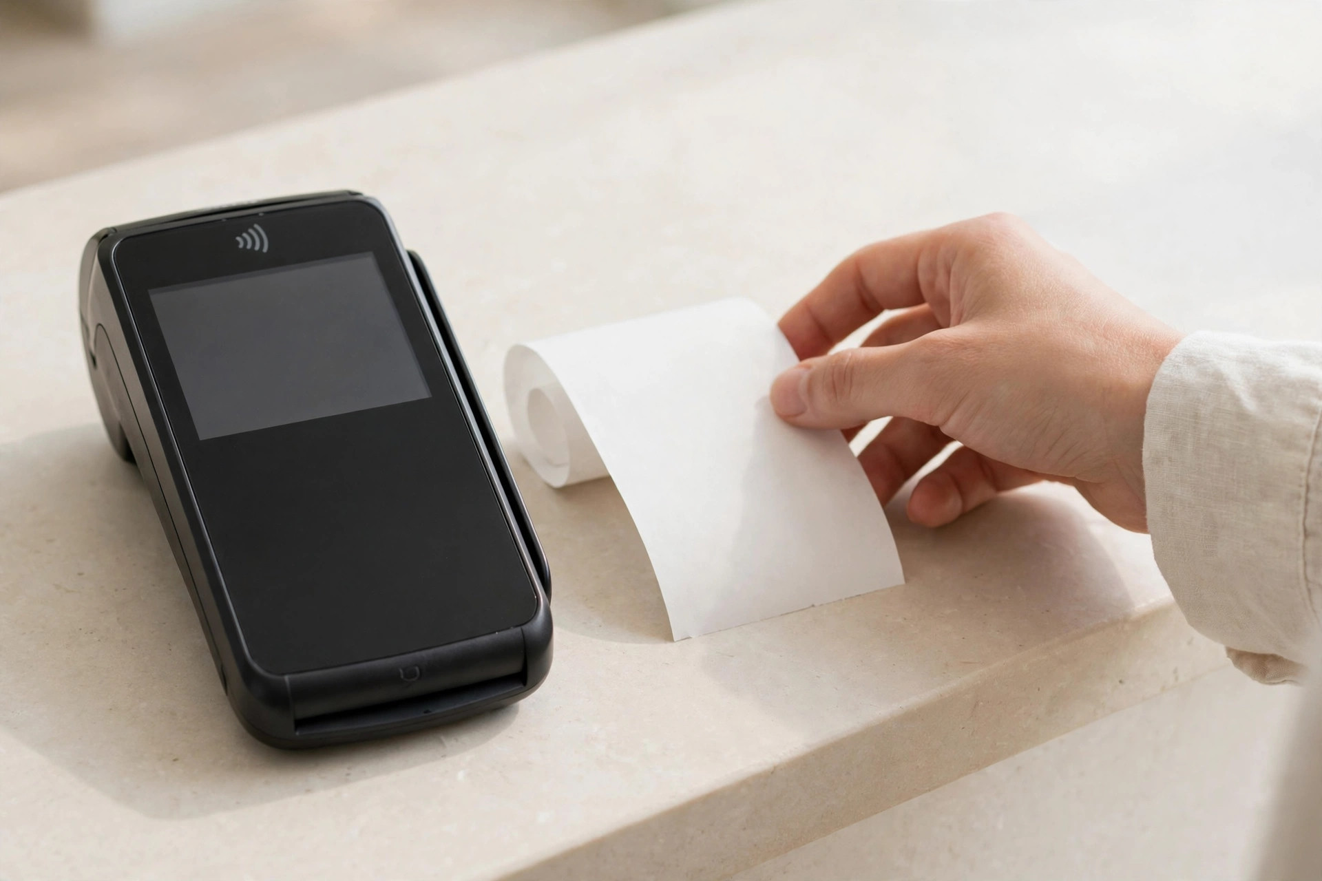 A hand taking a printed receipt from a payment terminal