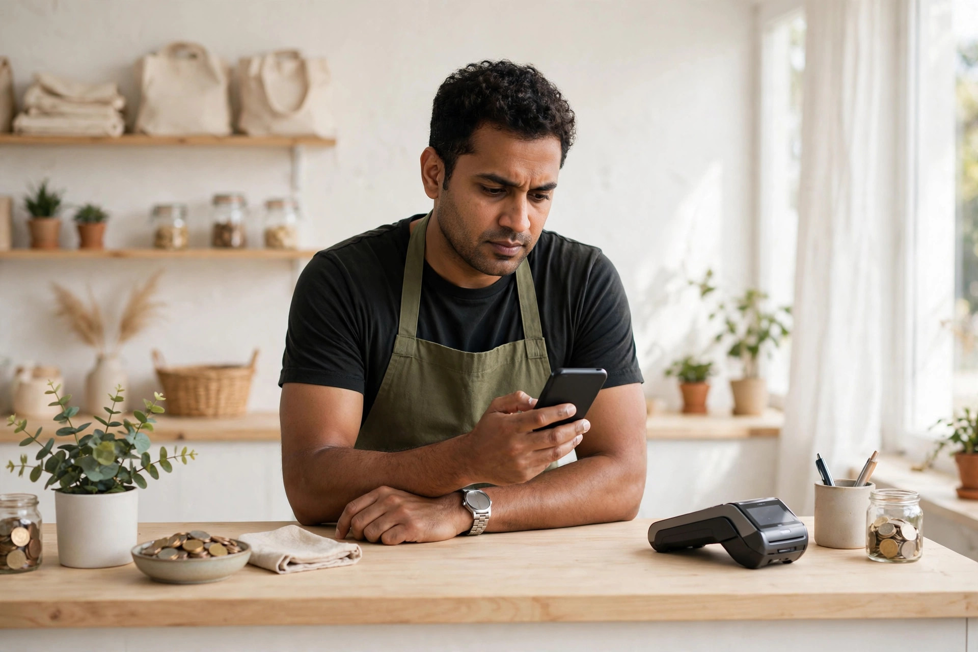 A merchant checking a smartphone behind a shop counter with a payment terminal nearby