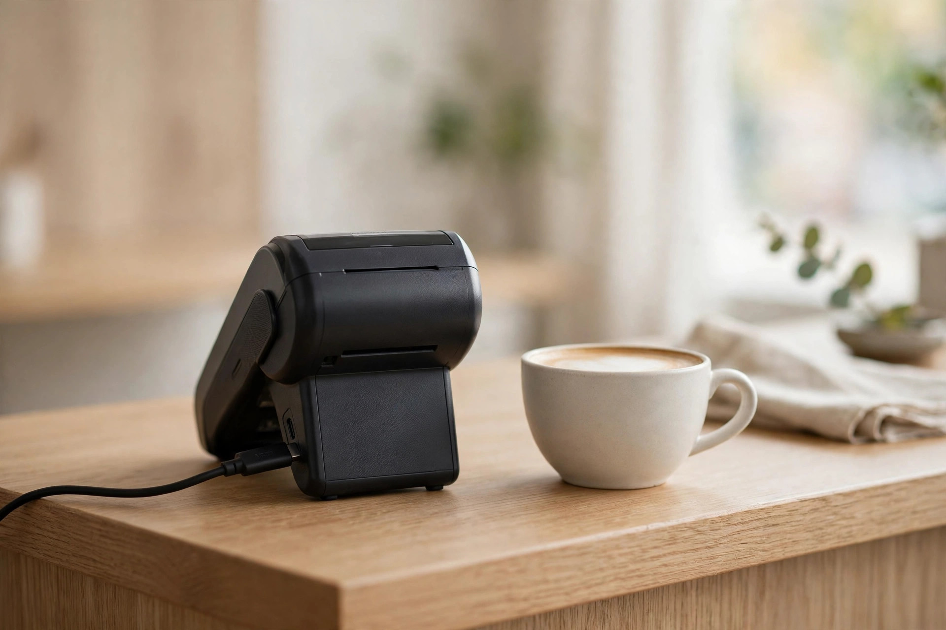 A payment terminal with its screen turned away beside a coffee cup on a wooden counter