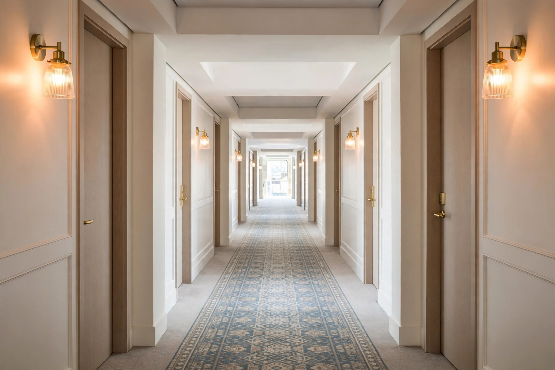Long hotel corridor with wall sconces and a patterned carpet runner