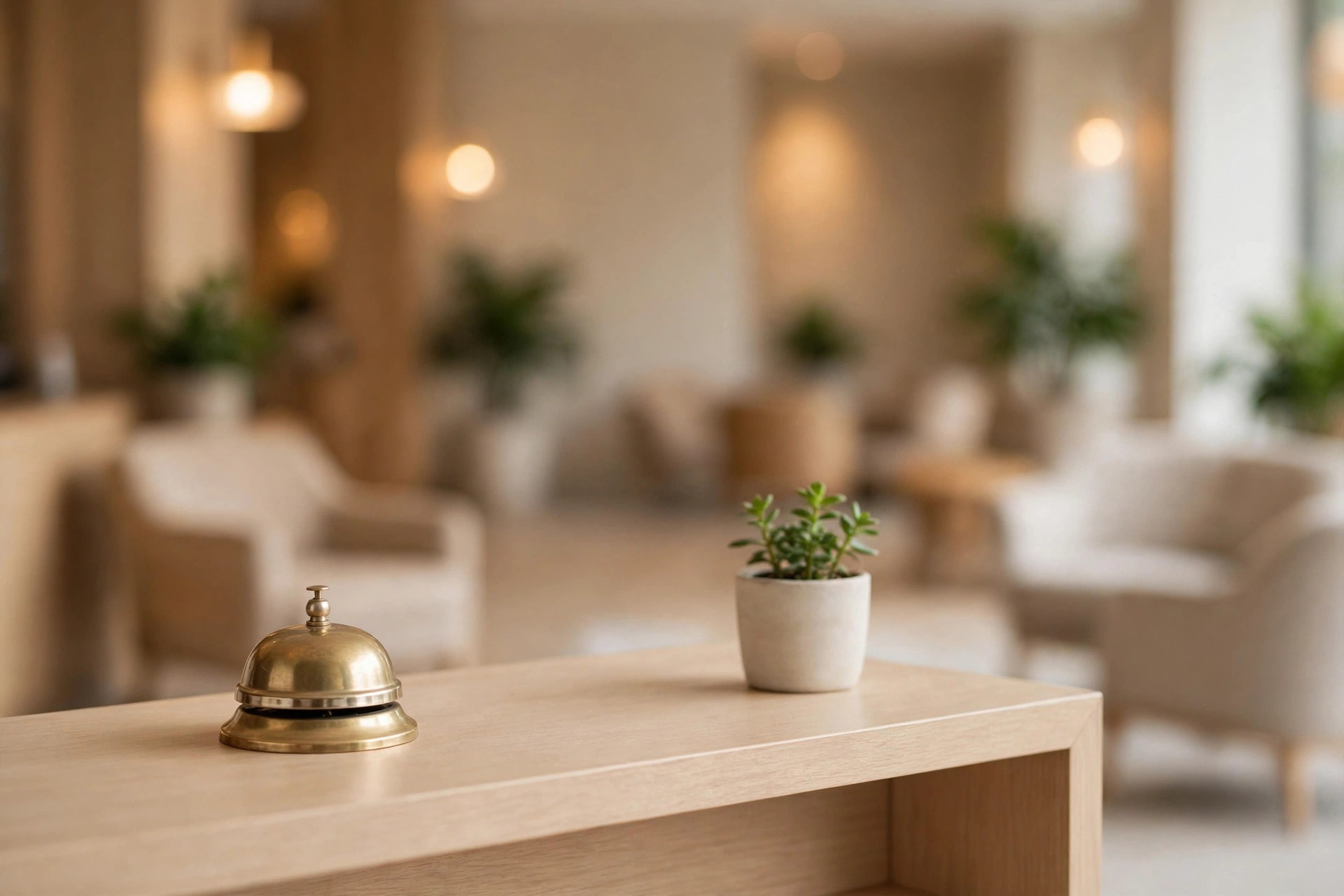 Brass service bell and a small plant on a hotel reception desk