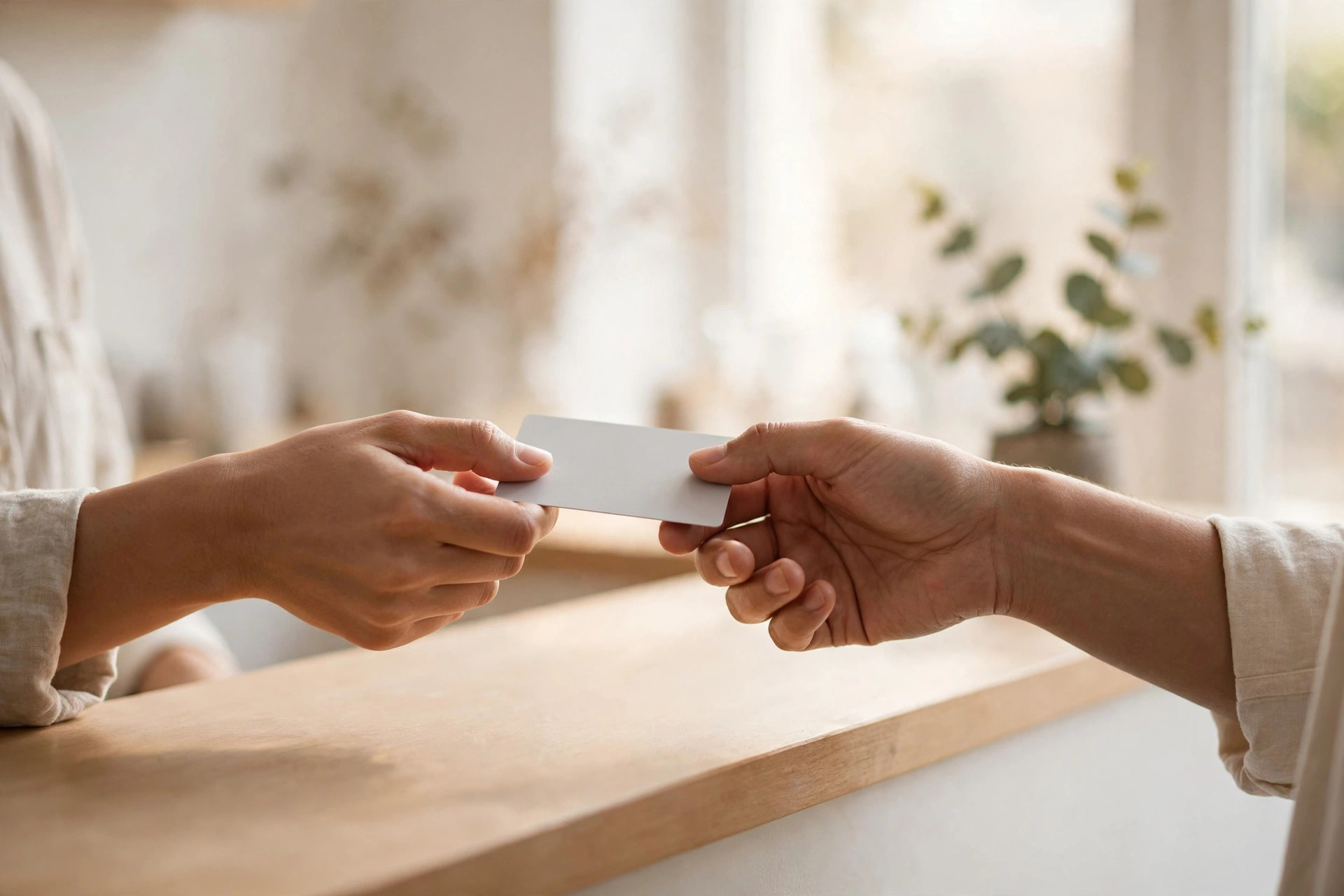Two hands exchanging a credit card across a shop counter