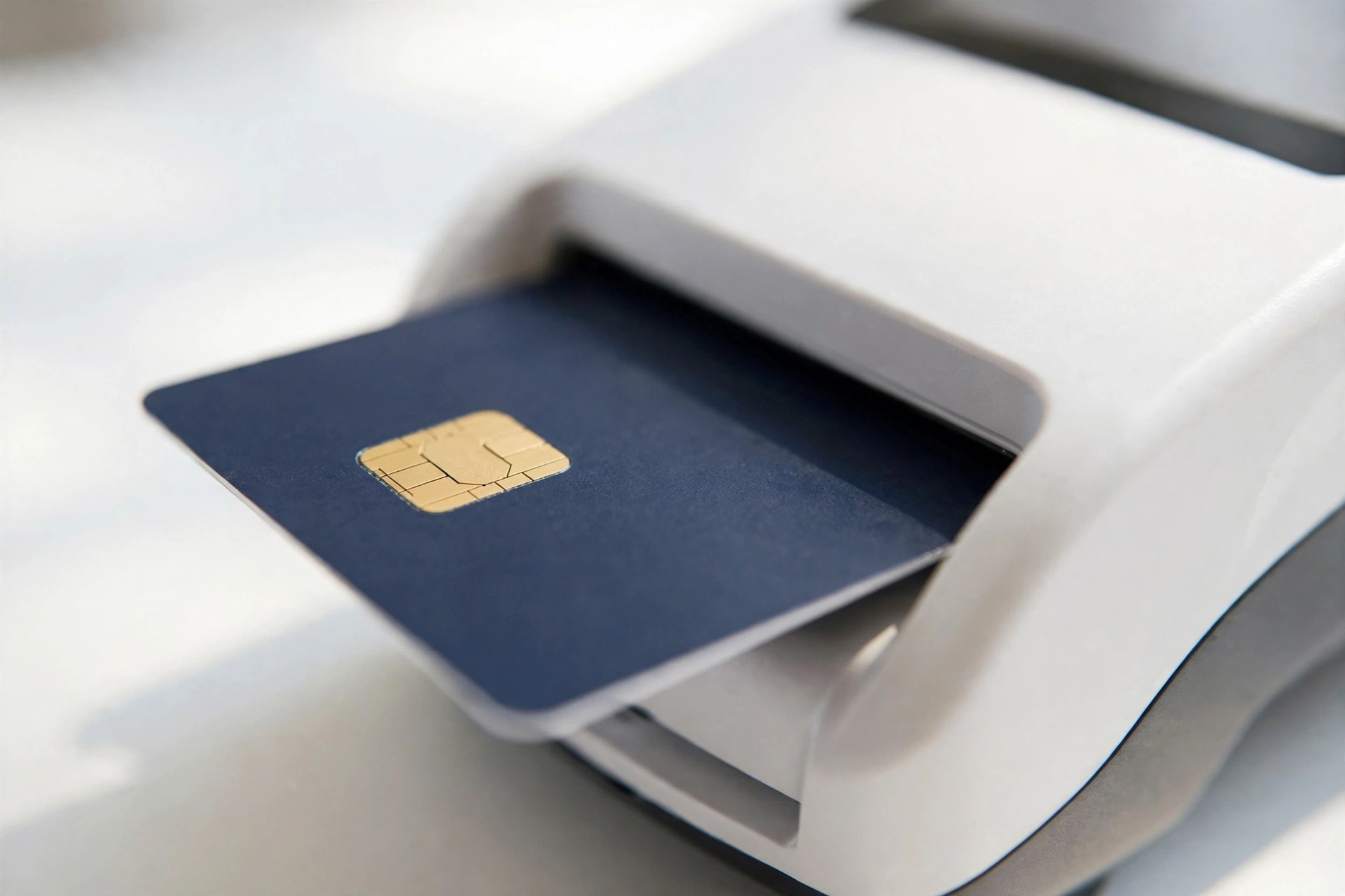 Credit card chip sliding through a payment terminal, close-up
