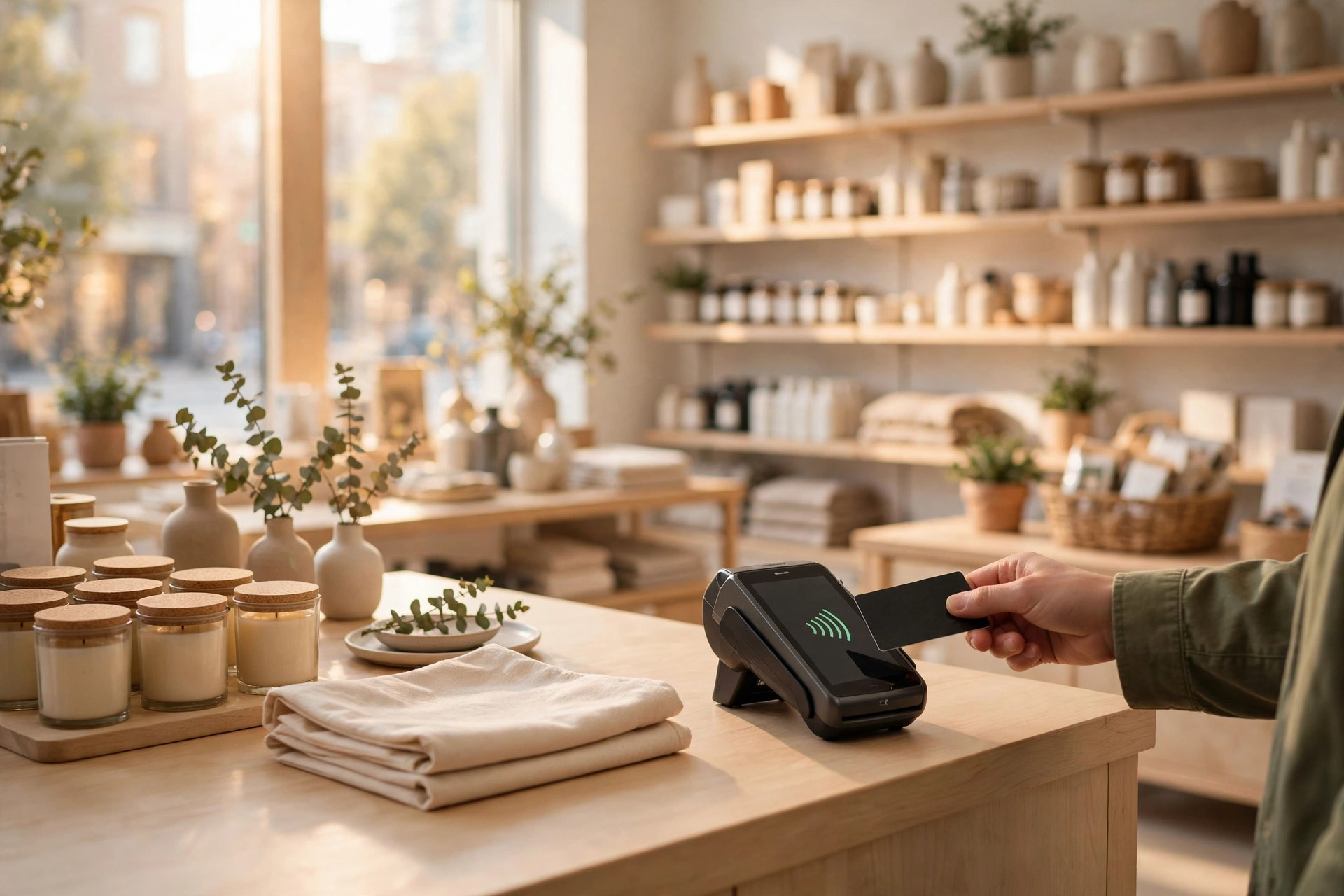Customer tapping a card on a payment terminal at a bright retail counter with shelves behind