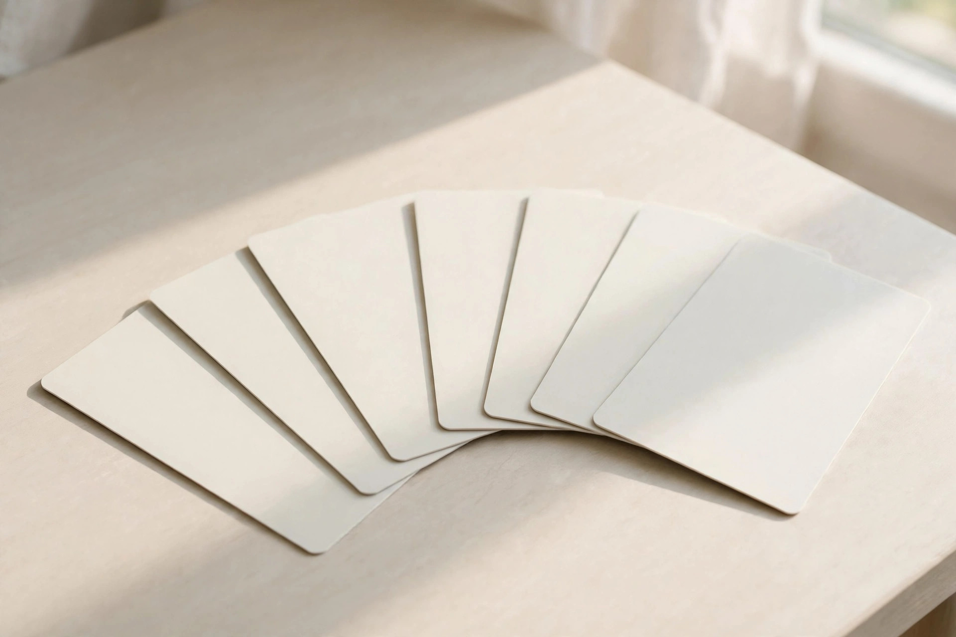 A fan of plain blank credit cards spread face-down on a light desk