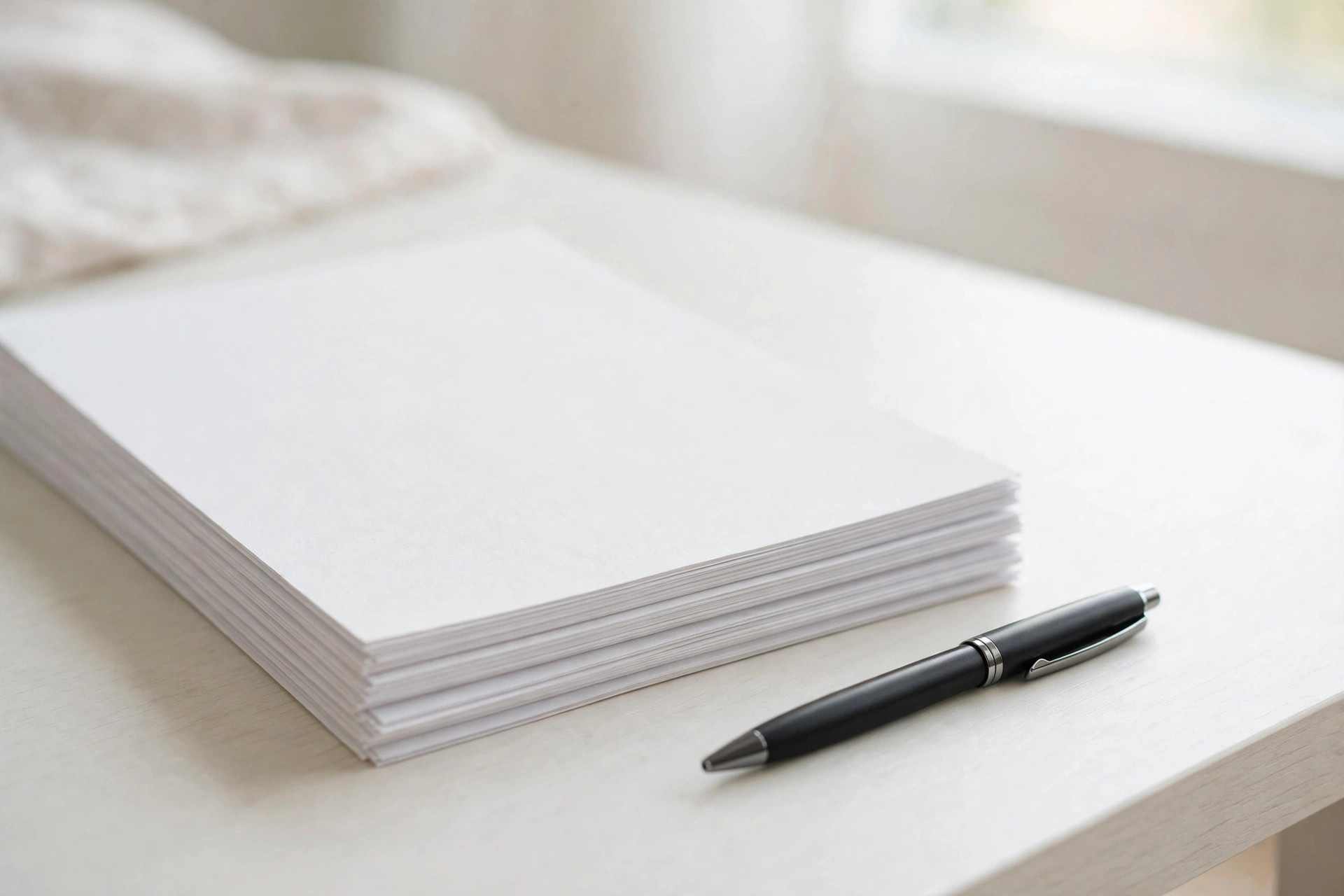Stack of blank business documents with a pen on a white desk