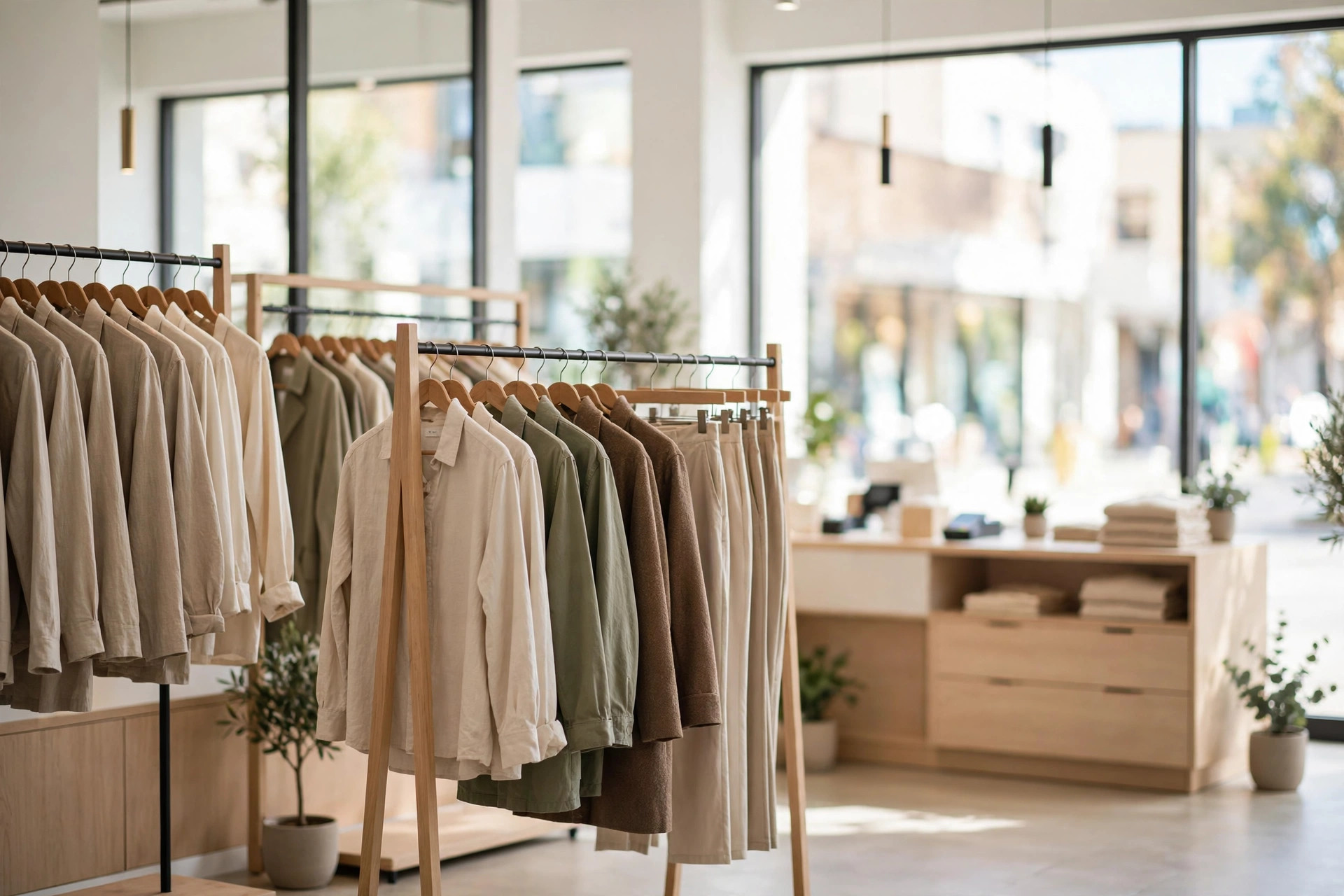 A bright modern boutique interior with clothing racks and a checkout counter