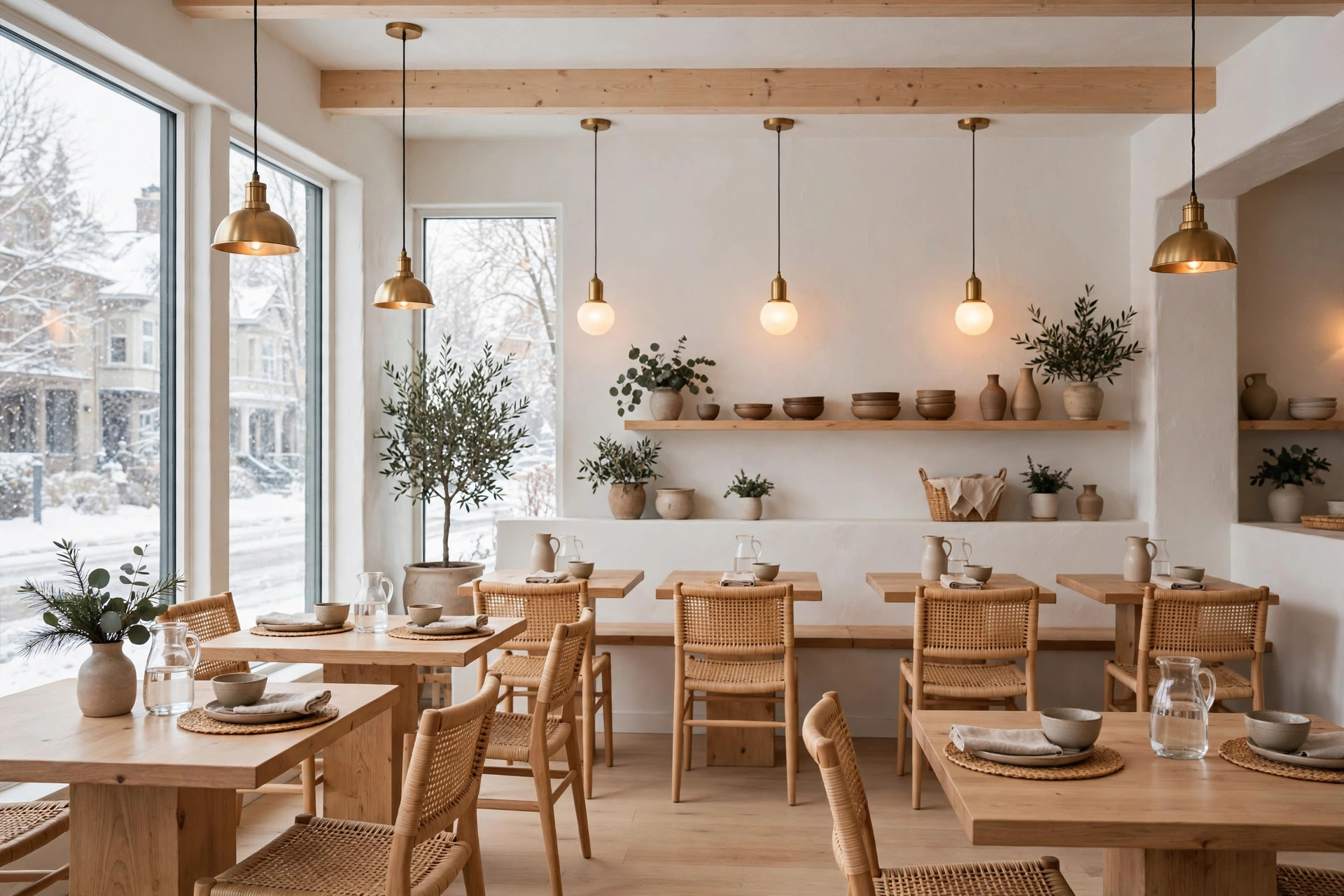 Warm, empty restaurant dining room