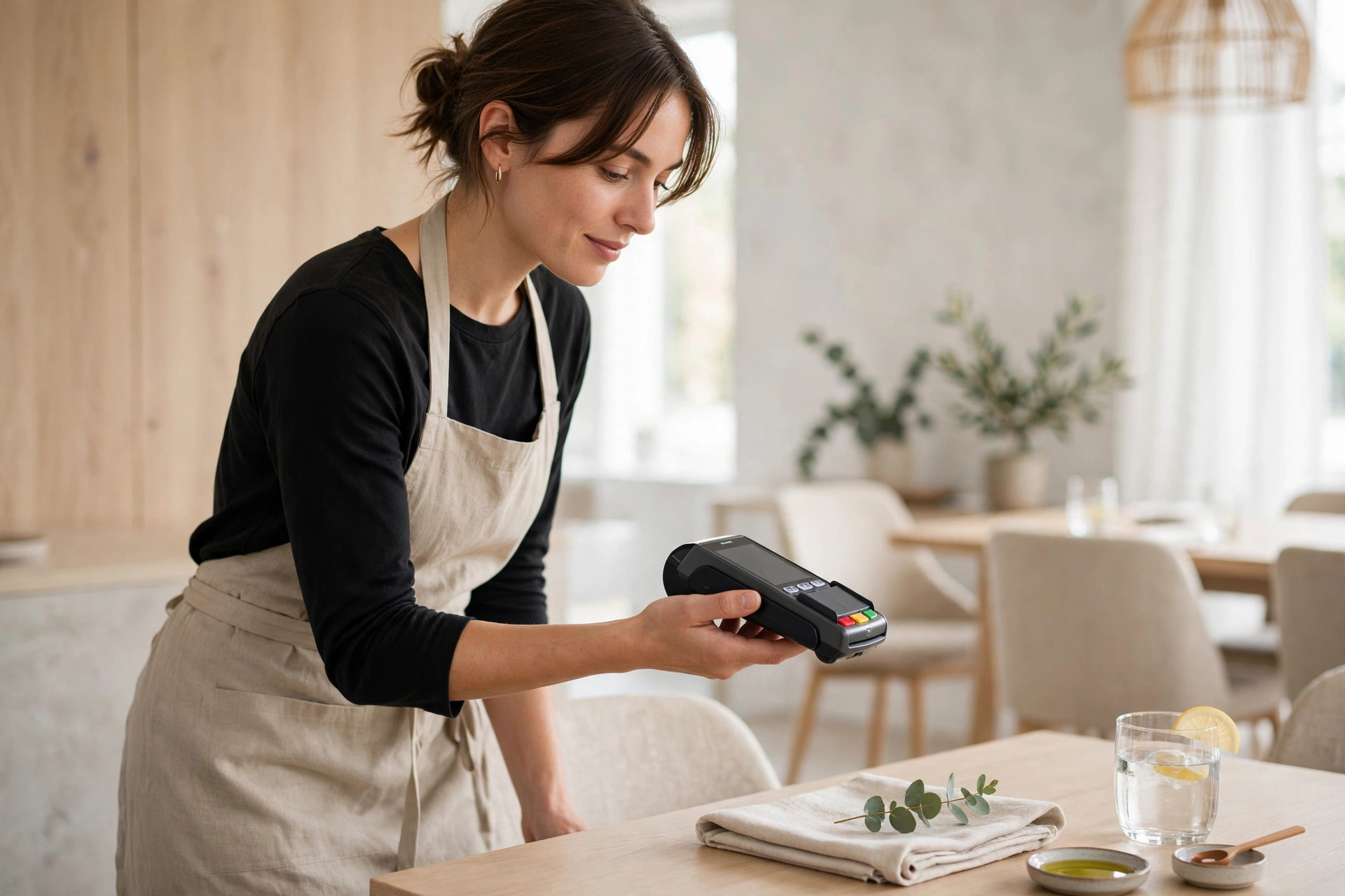 Restaurant server with a handheld payment terminal
