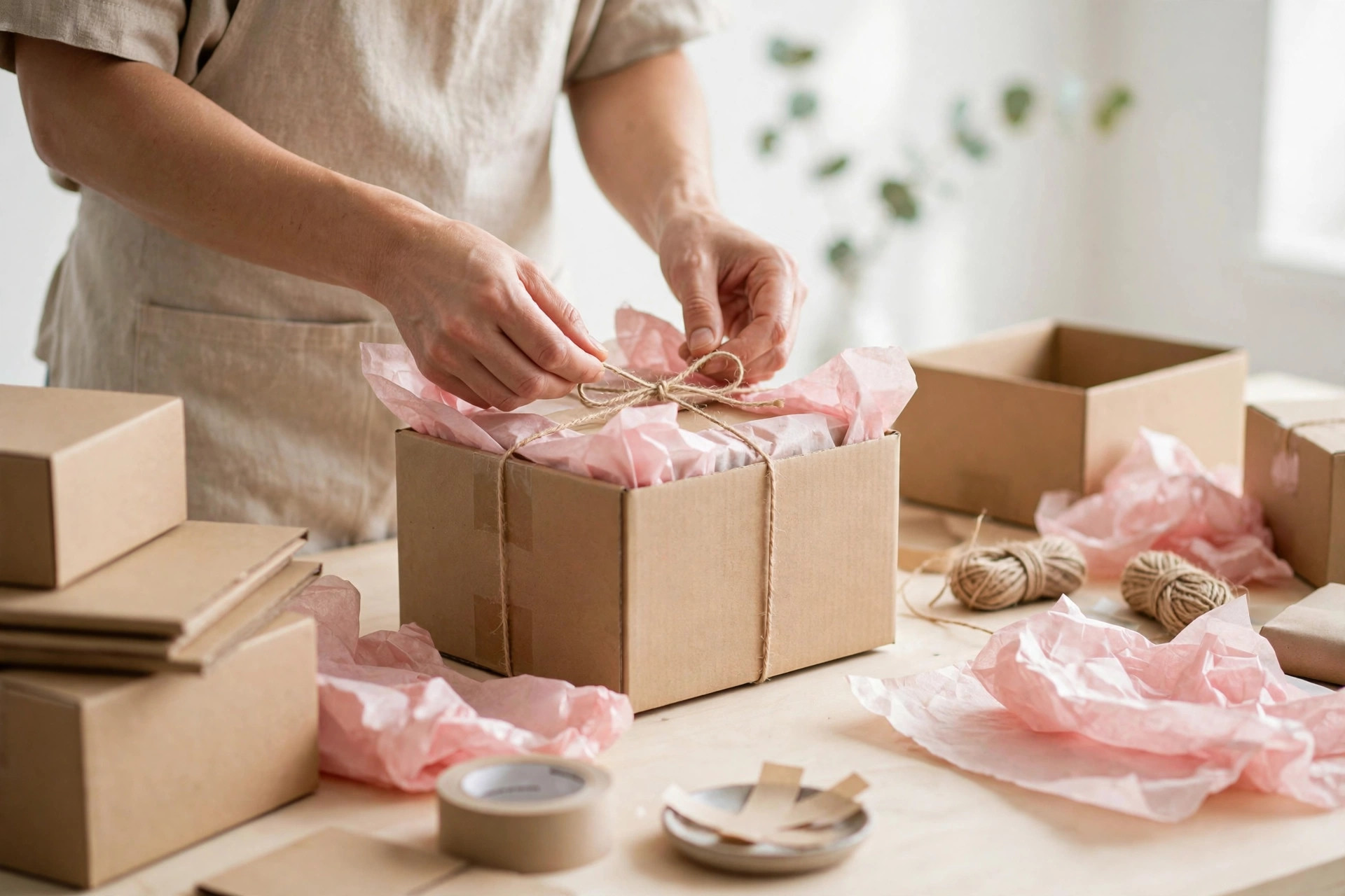 Person packing shipping boxes with tissue paper and twine at a bright table