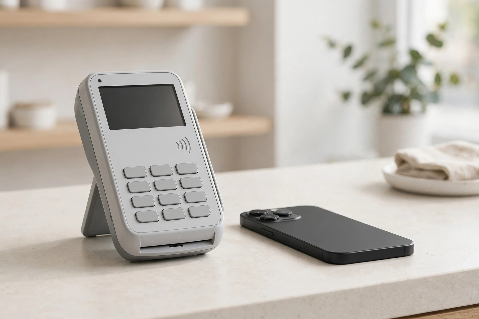 A countertop payment terminal beside a smartphone on a retail counter