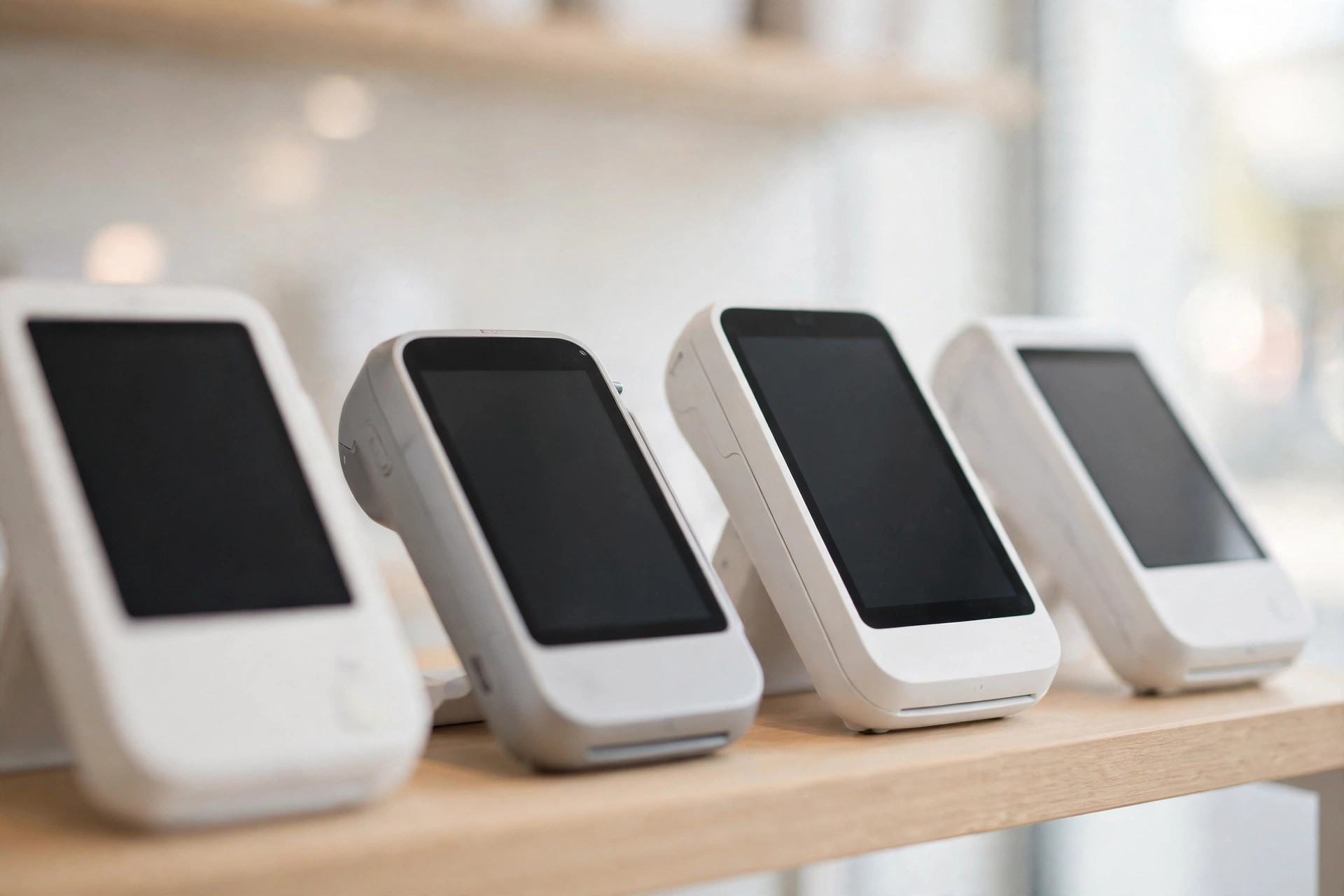 A row of modern payment terminals displayed on a bright retail shelf.
