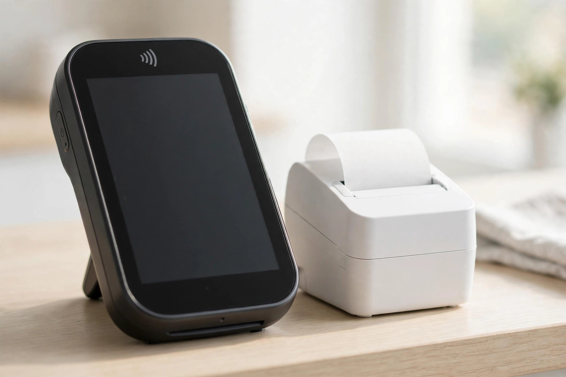 A handheld point-of-sale terminal beside a white receipt printer on a café counter.