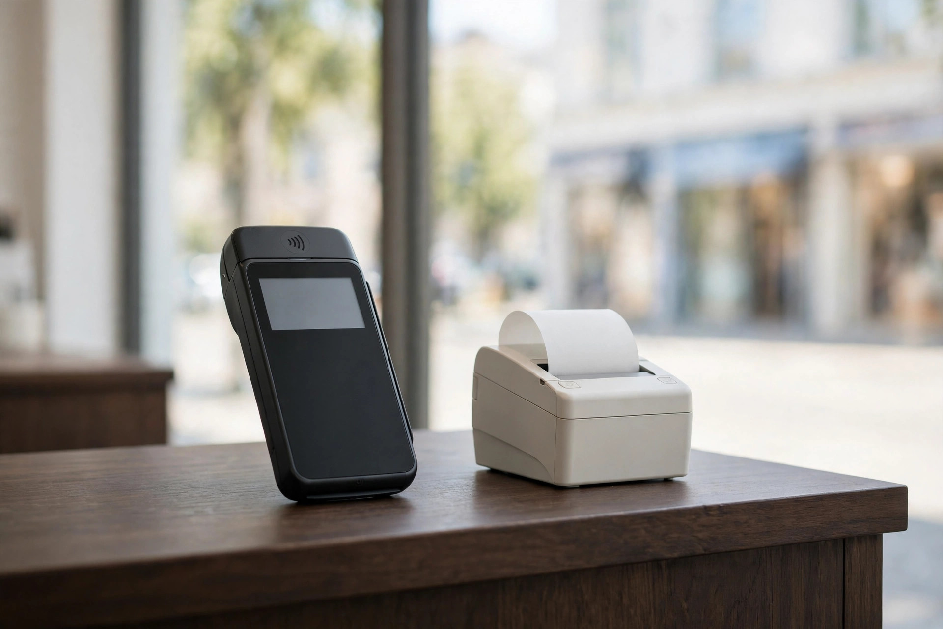 Payment terminal and receipt printer on a dark wooden store counter by a sunlit window