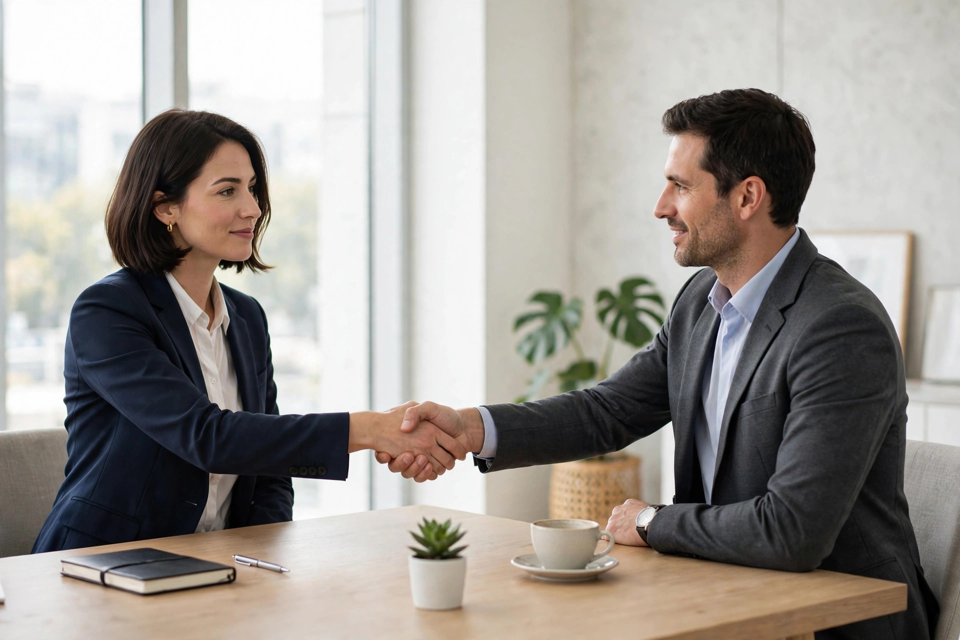 Two business people shaking hands across a desk in a bright office
