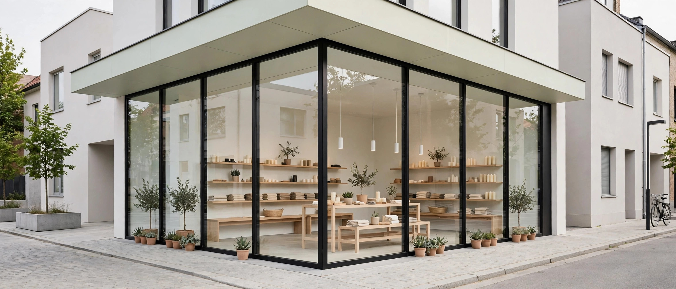 A modern retail storefront with large glass windows on a city street