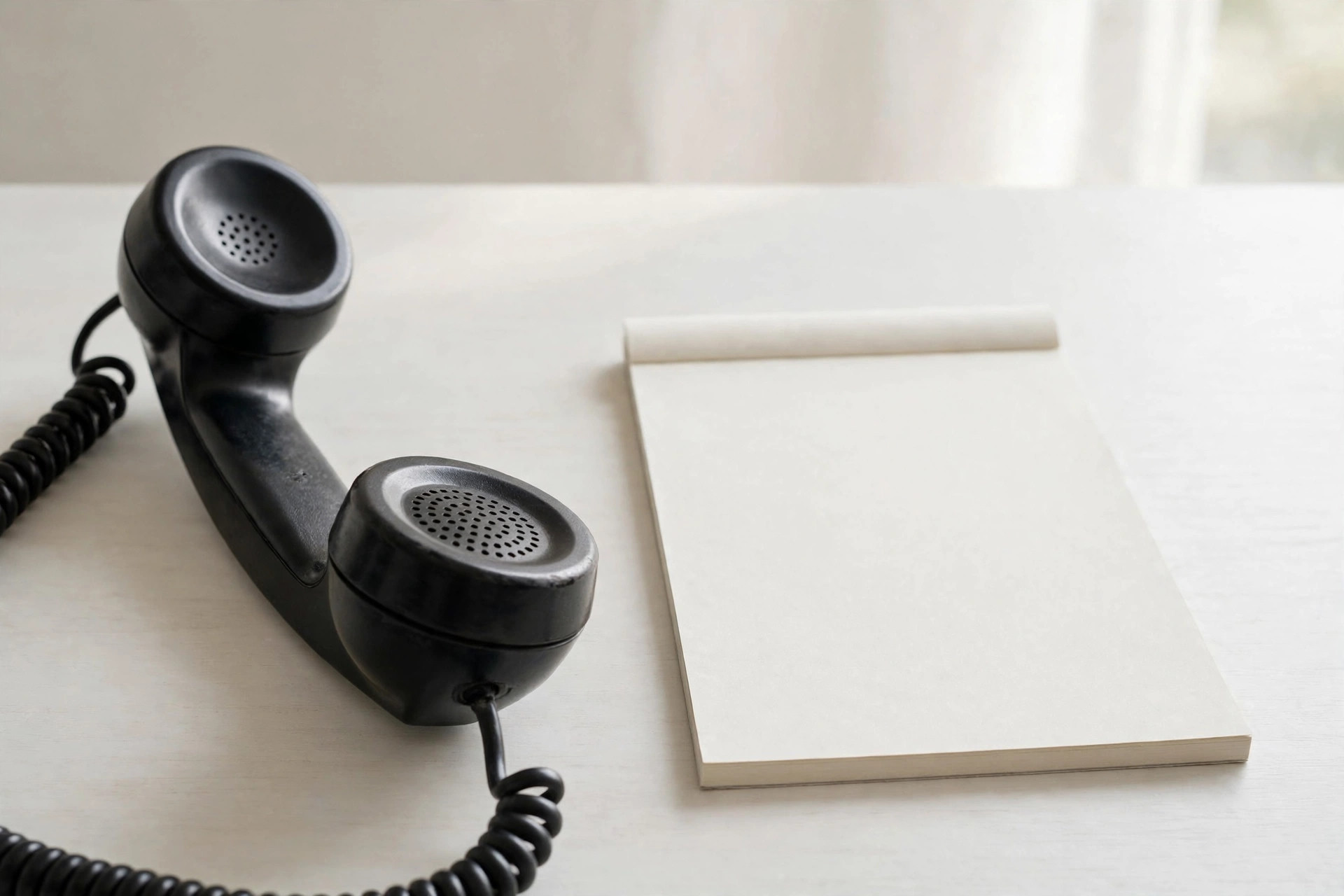 Classic telephone handset beside a blank notepad on a white desk