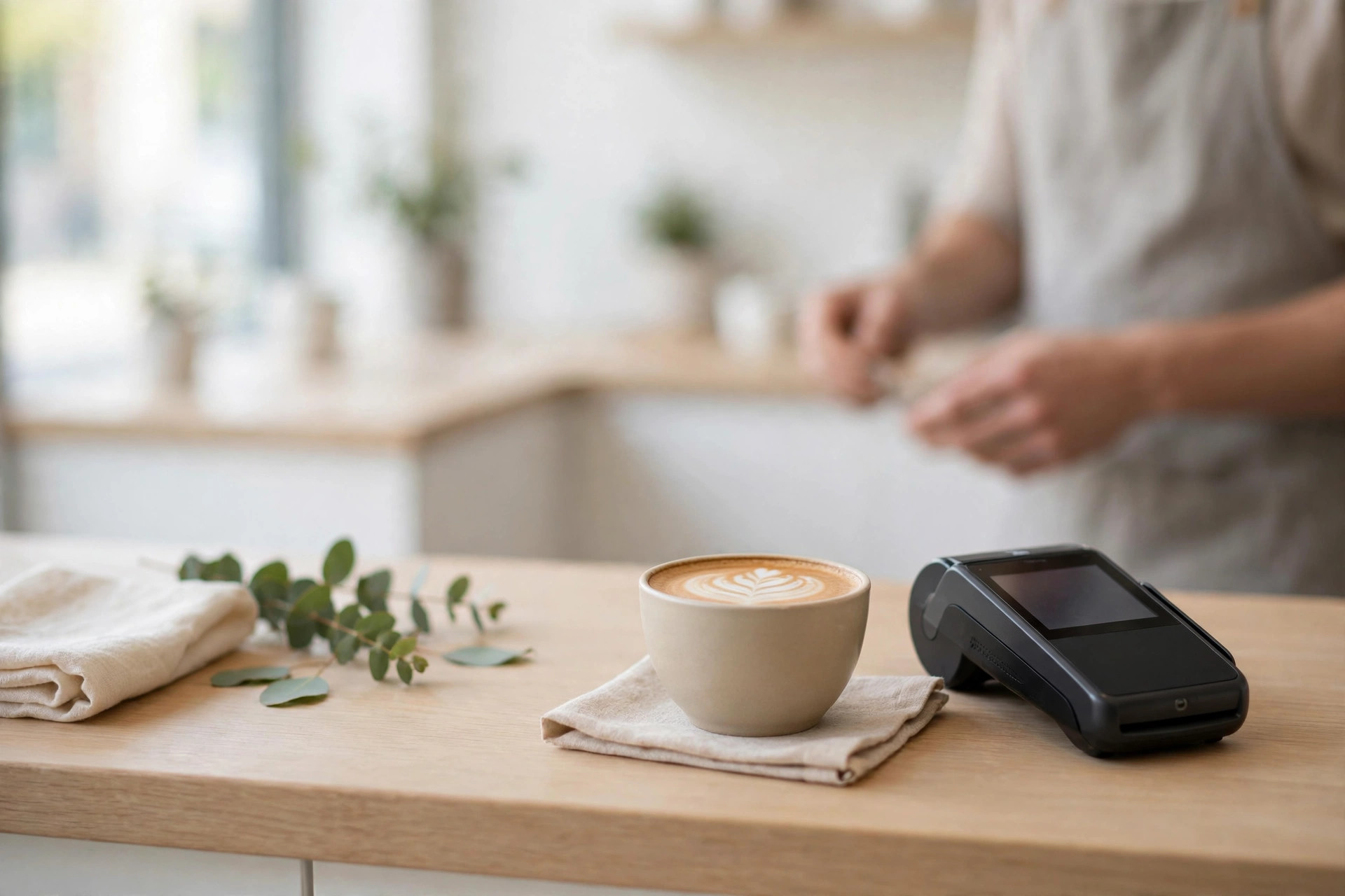 A payment terminal and a cup of coffee on a bright café counter.