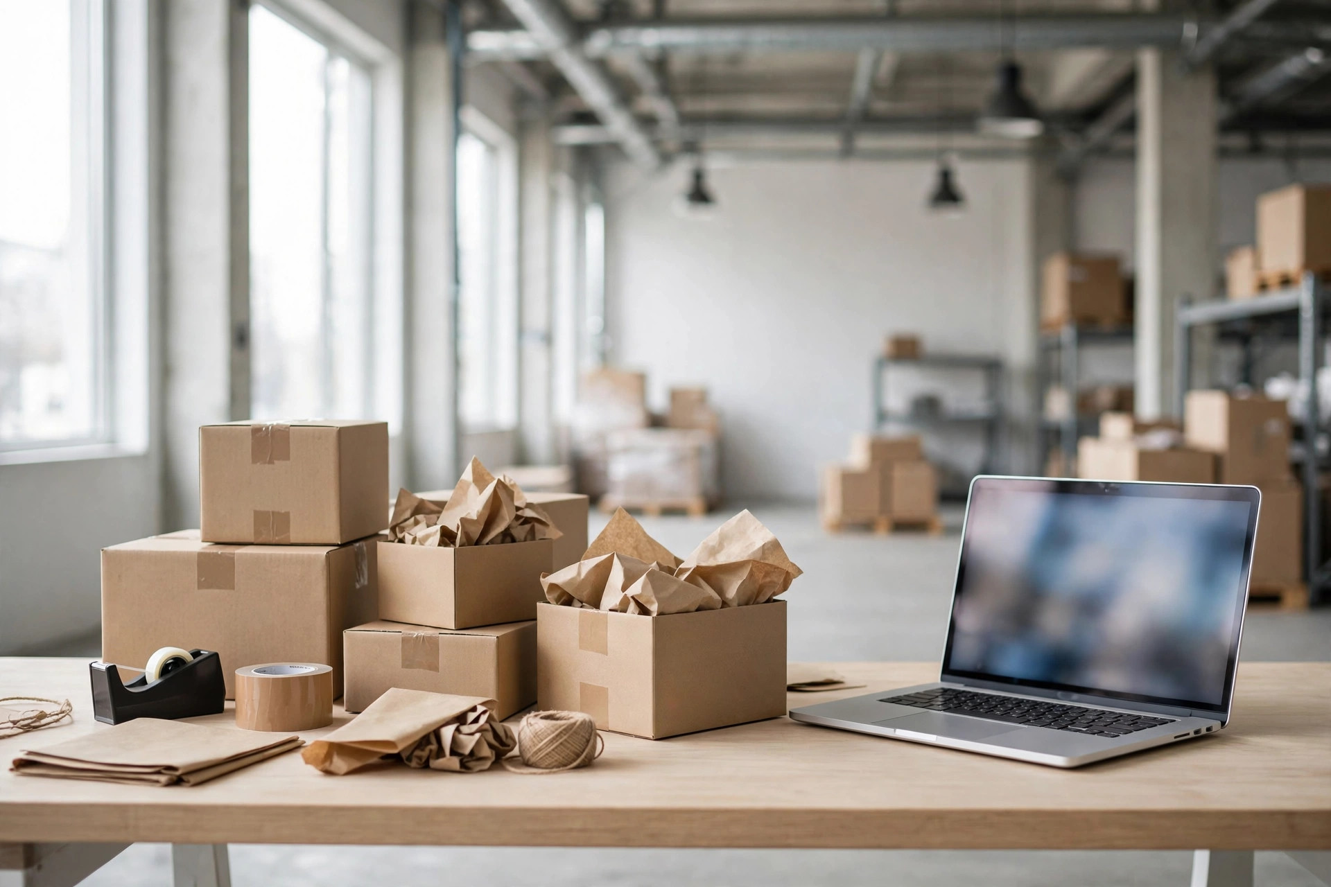 Warehouse packing station with parcels and a laptop