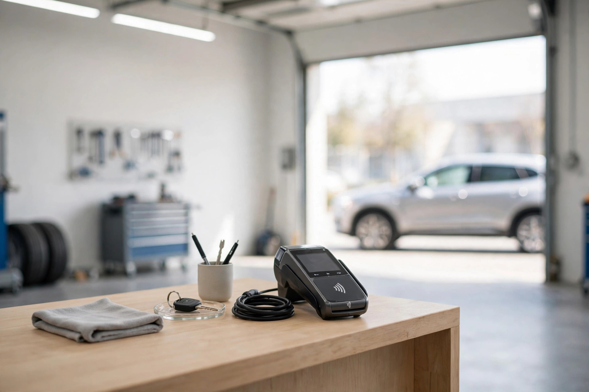 Payment terminal on an auto repair shop service counter with a car in the open bay