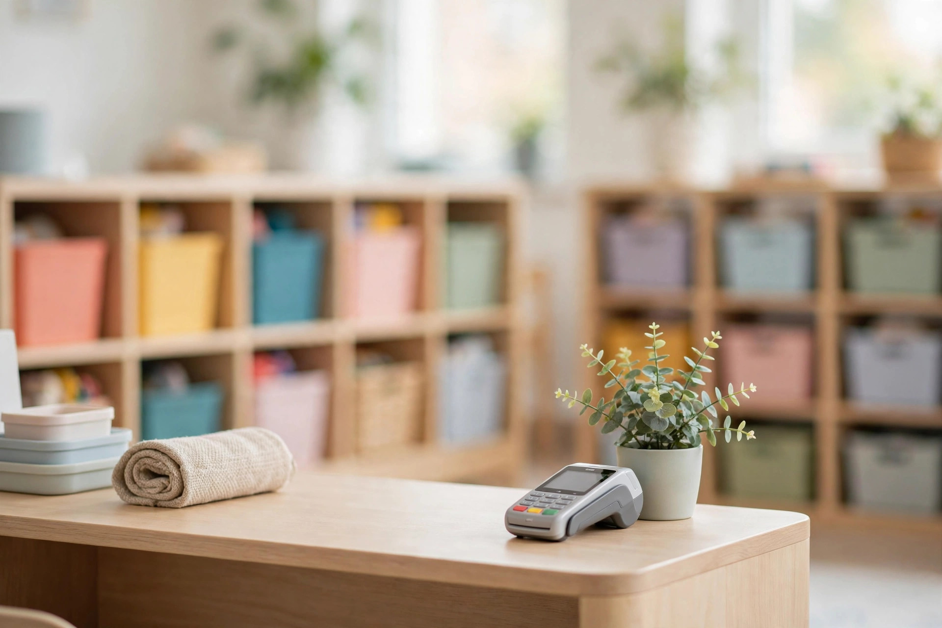 A small payment terminal on a wooden desk in a bright childcare centre, with colourful storage cubbies behind it.
